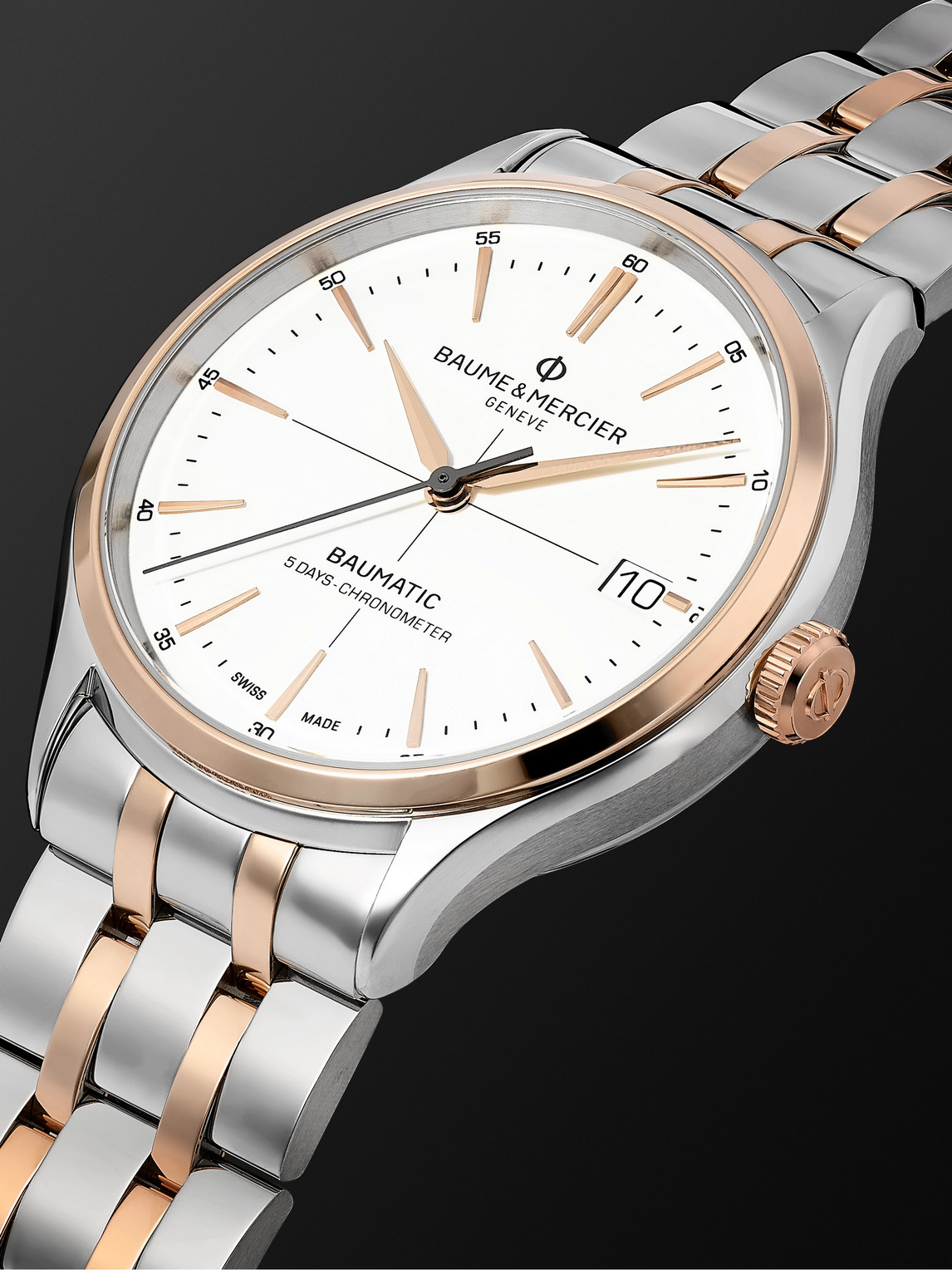 Shop Baume & Mercier Clifton Baumatic Automatic Chronometer 40mm Stainless Steel And 18-karat Rose Gold-capped Watch, Ref In Silver