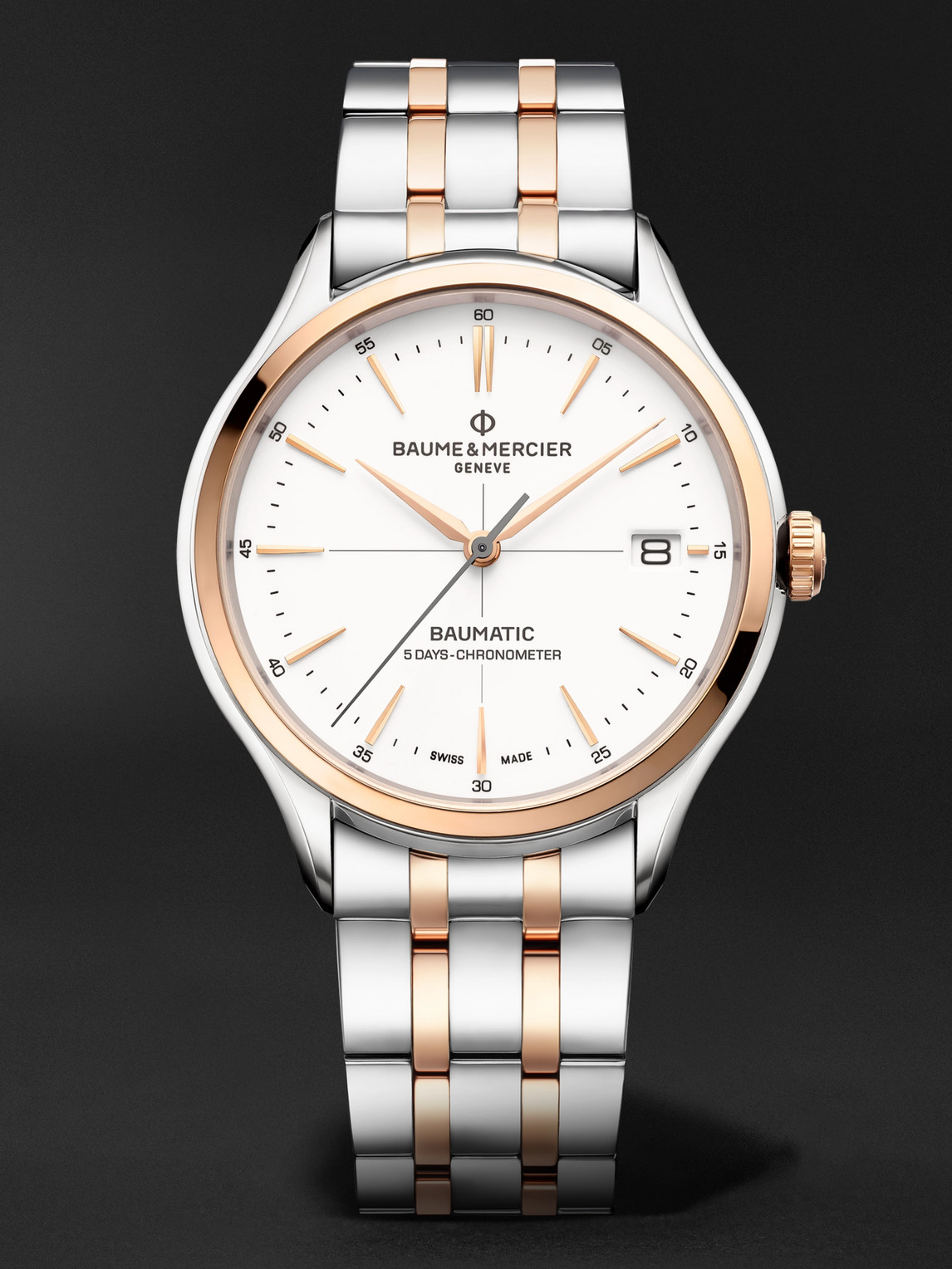 Baume & Mercier Clifton Baumatic Automatic Chronometer 40mm Stainless Steel And 18-karat Rose Gold-capped Watch, Ref In Silver