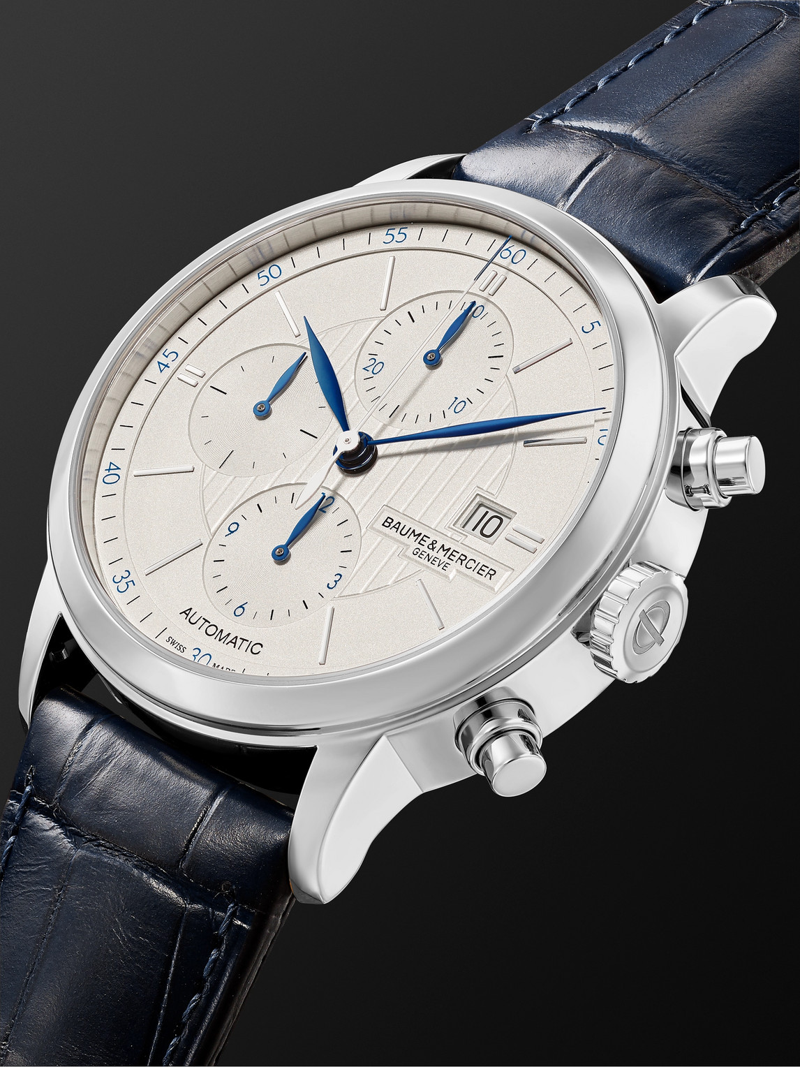 Shop Baume & Mercier Classima Automatic Chronograph 42mm Steel And Alligator Watch, Ref. No. M0a10330 In Silver