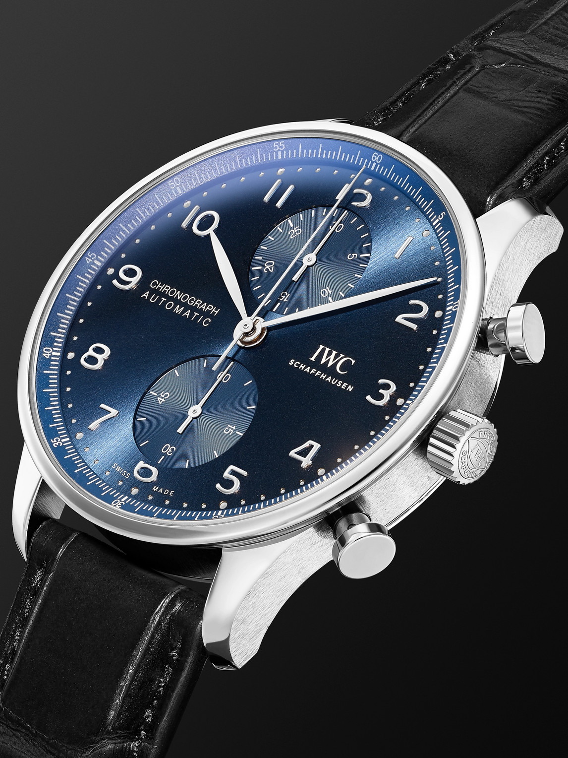 Shop Iwc Schaffhausen Portugieser Automatic Chronograph 41mm Stainless Steel And Alligator Watch, Ref. No. Iw371606 In Blue