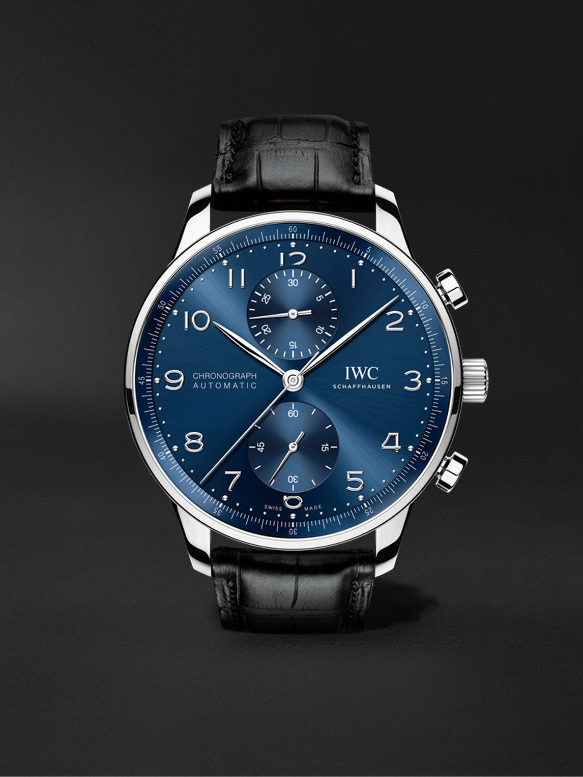 Iwc Schaffhausen Portugieser Automatic Chronograph 41mm Stainless Steel And Alligator Watch, Ref. No. Iw371606 In Blue