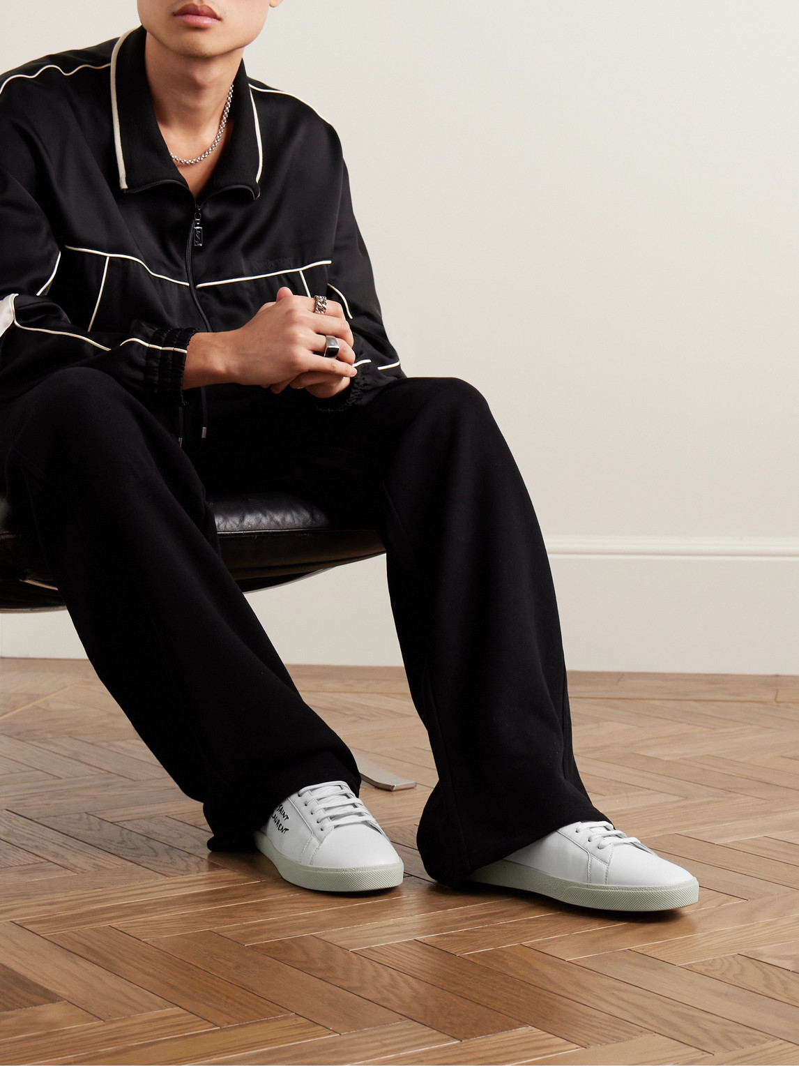 SAINT LAURENT SL/06 COURT CLASSIC LOGO-EMBROIDERED LEATHER SNEAKERS