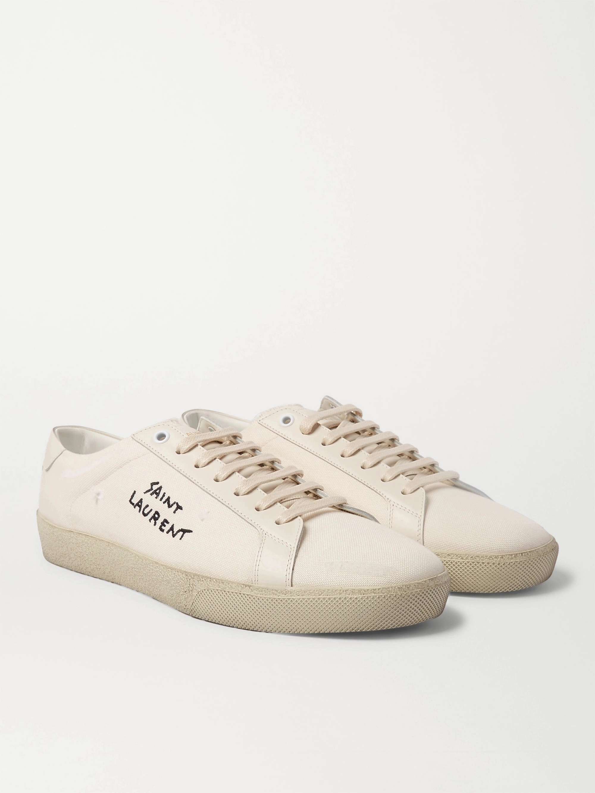 SAINT LAURENT SL/06 Court Classic Leather-Trimmed Logo-Embroidered Distressed Canvas Sneakers