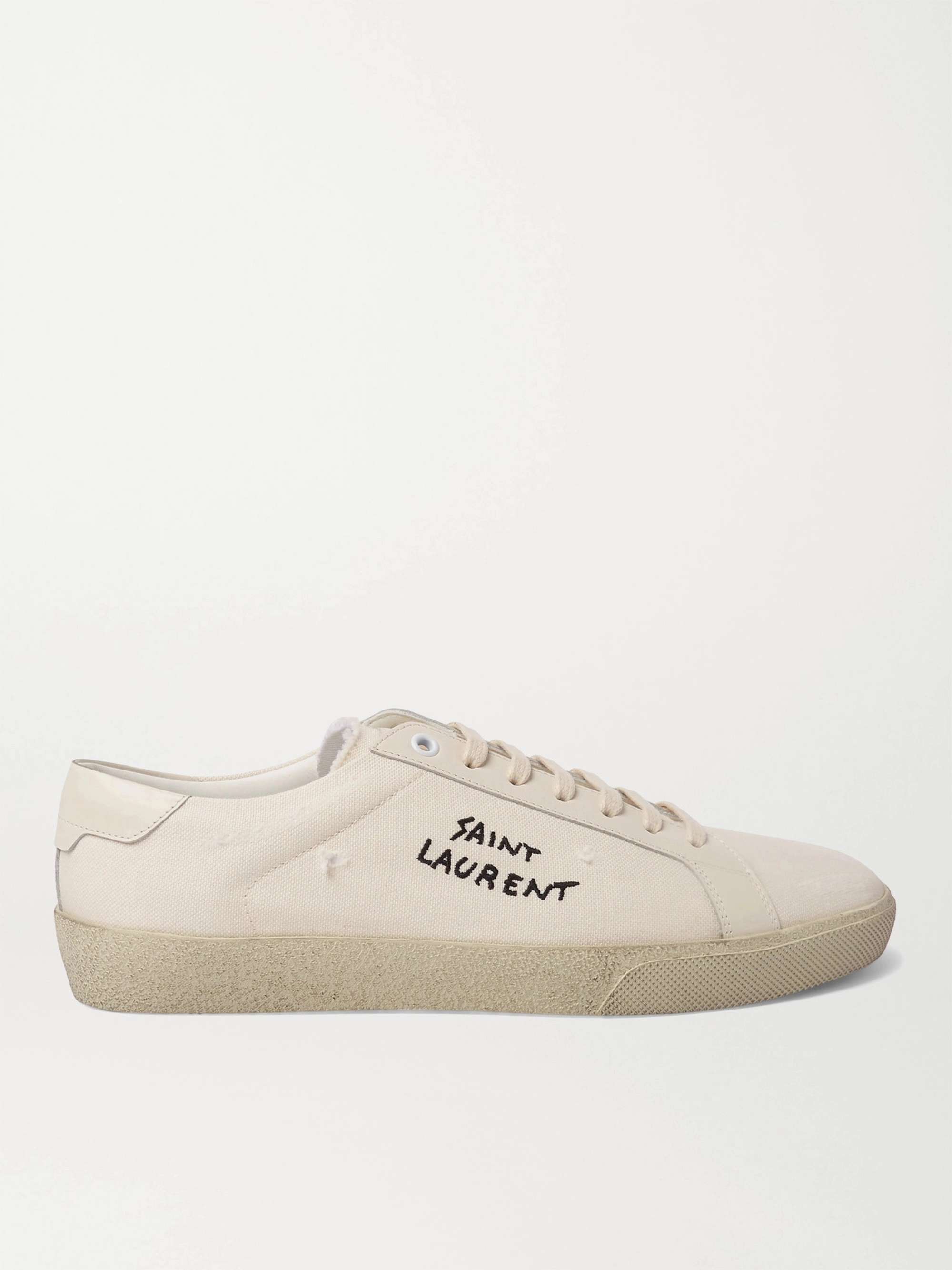 SL 06 Court Classic Leather Trimmed Logo Embroidered Distressed Canvas Sneakers
