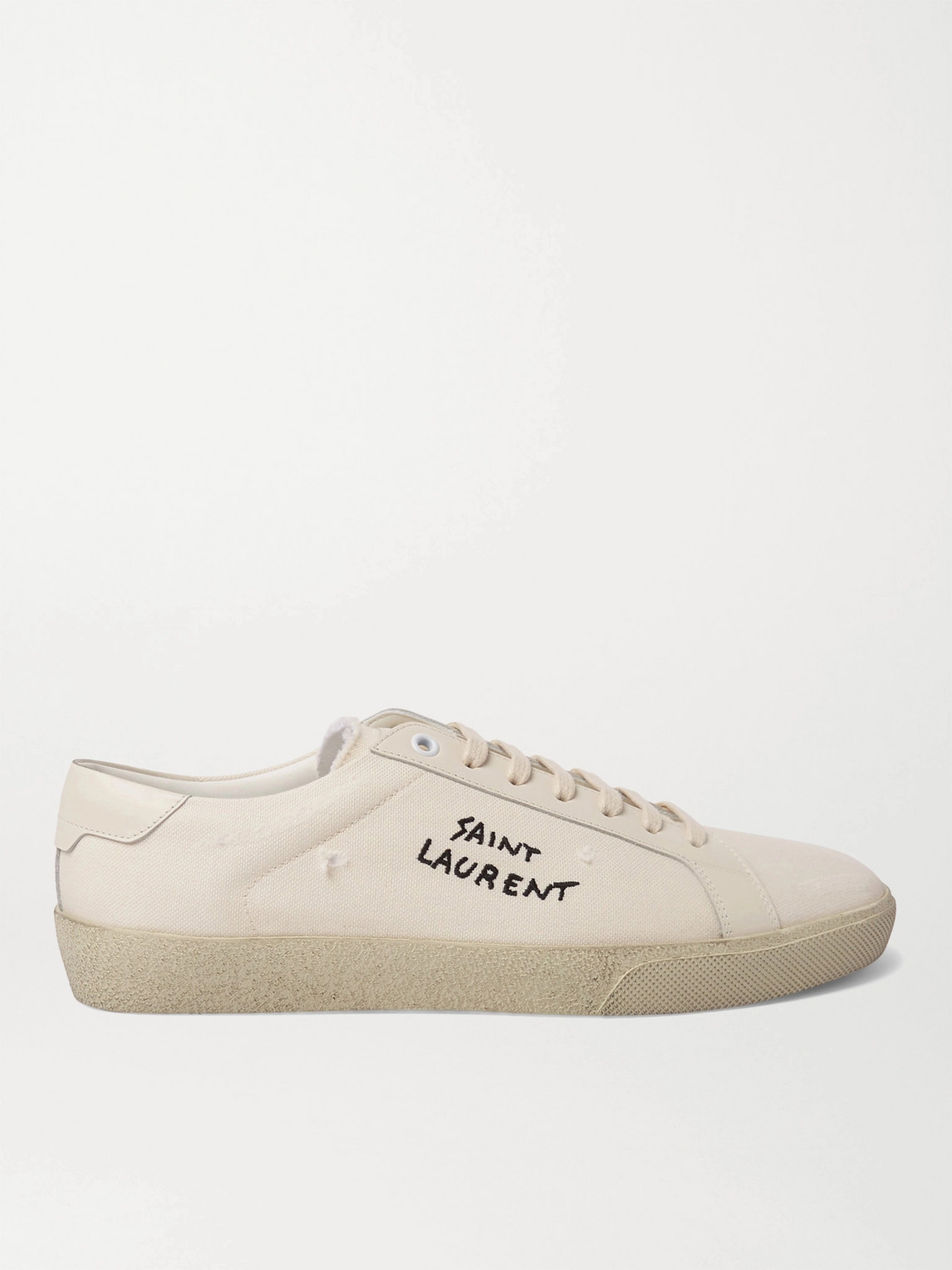 Saint Laurent Sl/06 Court Classic Leather-trimmed Logo-embroidered Distressed Canvas Trainers In White
