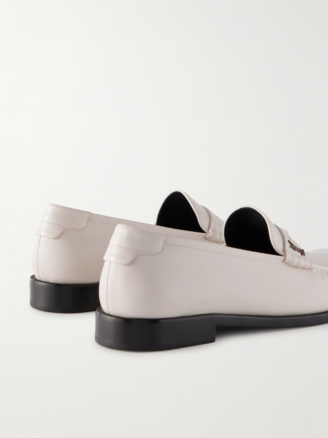 Shop Saint Laurent Logo-embellished Leather Penny Loafers In White