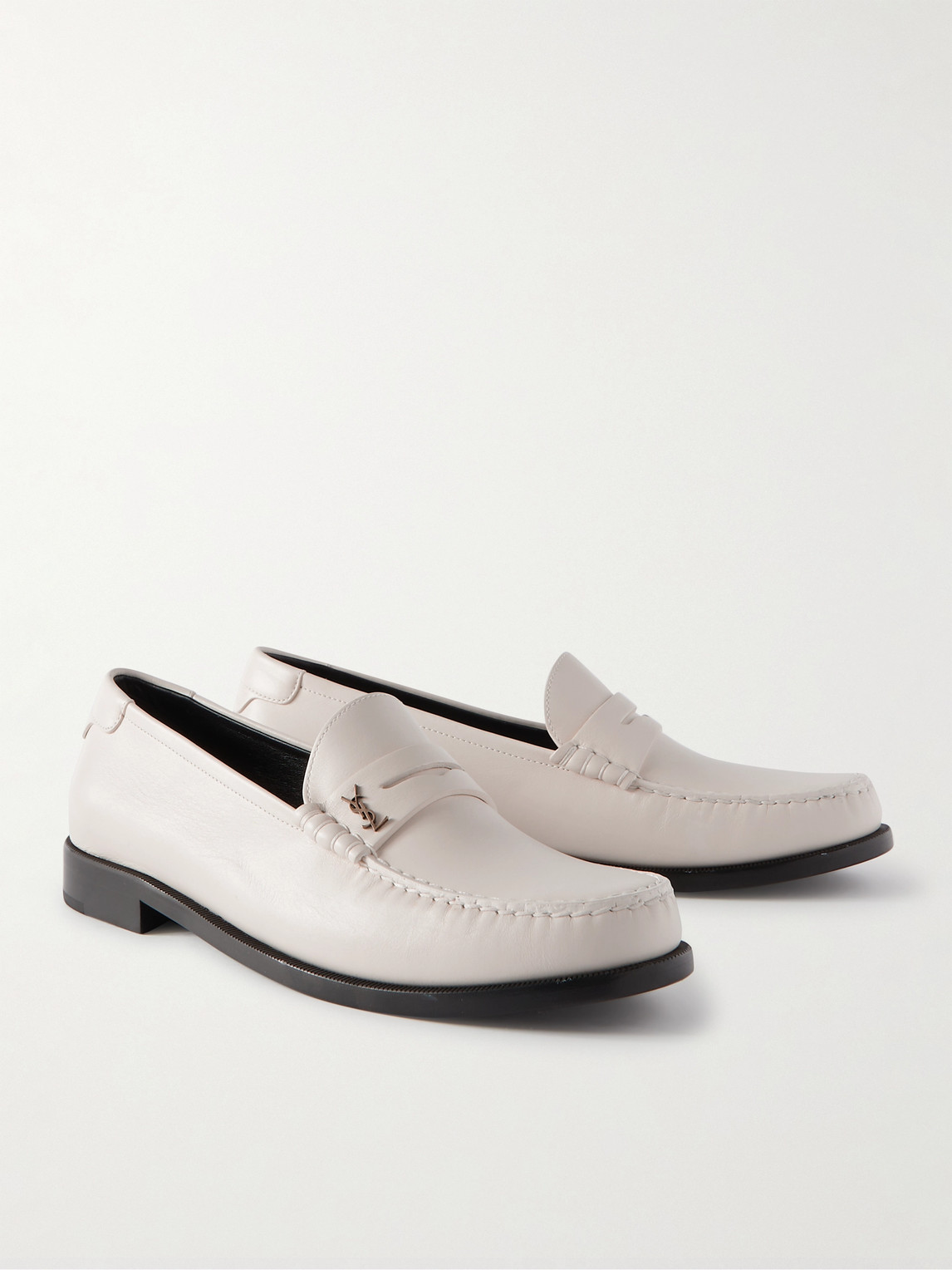 Shop Saint Laurent Logo-embellished Leather Penny Loafers In White