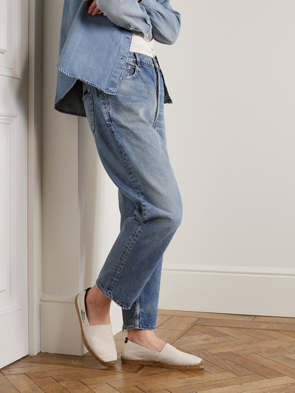 Saint Laurent Espadrille Ecru With Embossed Leather Detailing In Neutrals