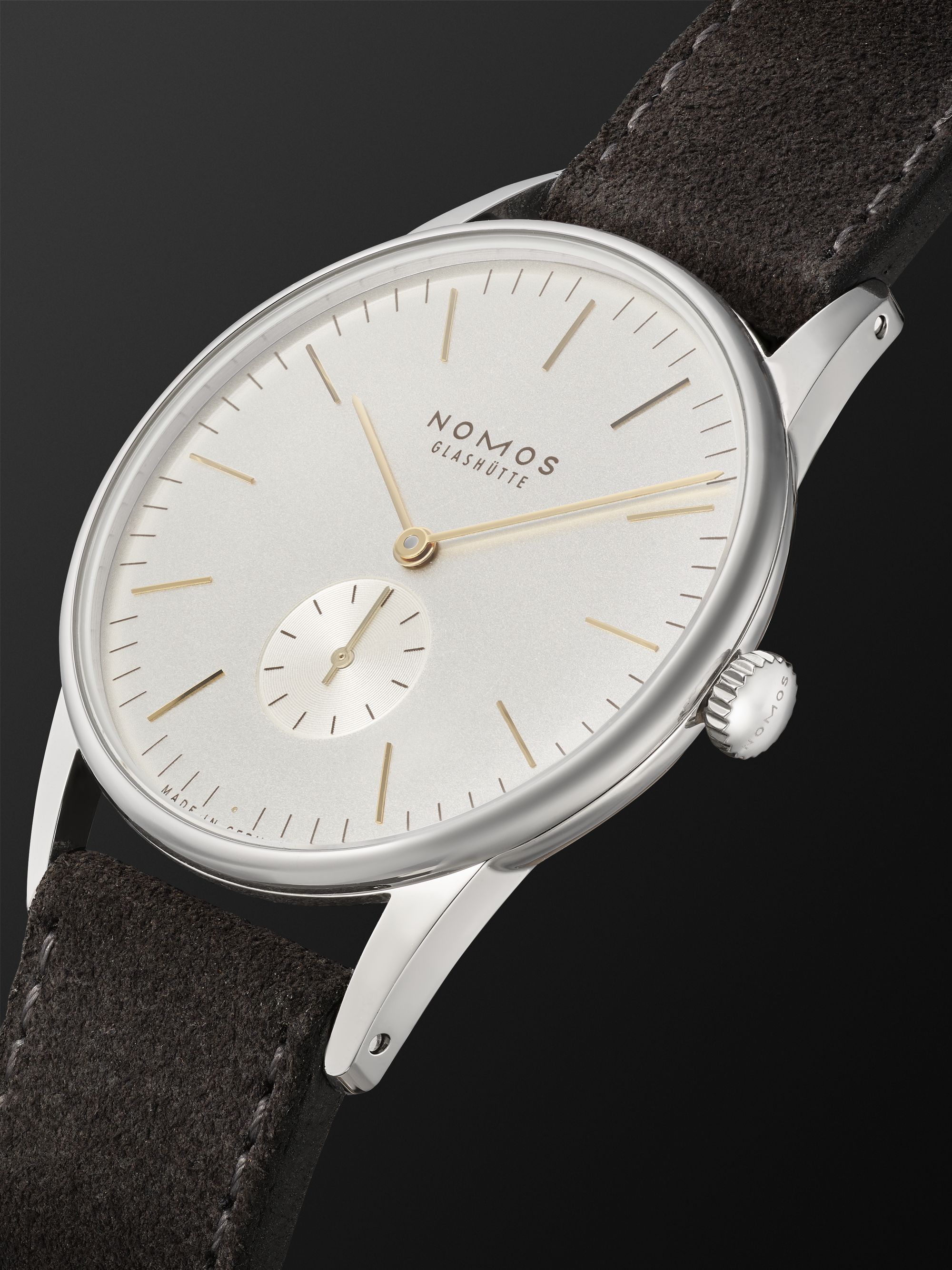 NOMOS GLASHÜTTE Orion Hand-Wound 38mm Stainless Steel and Suede Watch, Ref. No. 379
