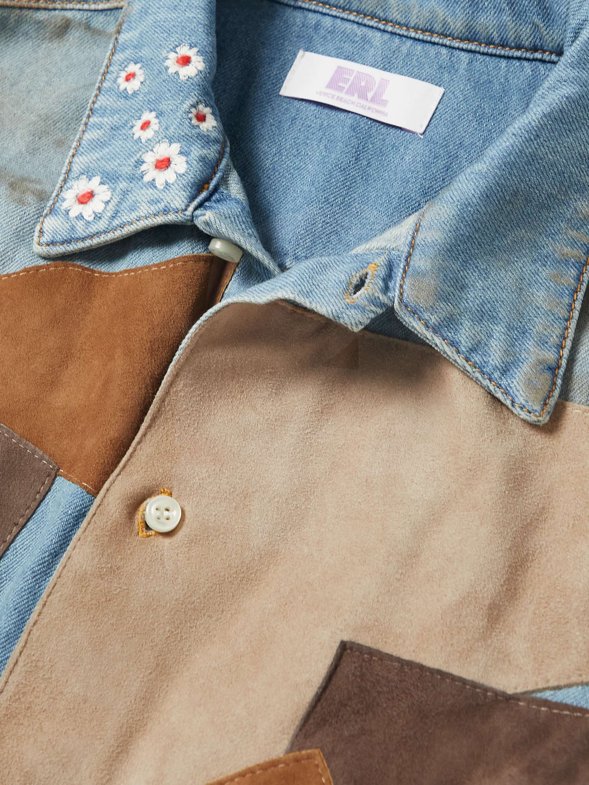 ERL KIDS Distressed Embroidered Suede-Panelled Denim Shirt