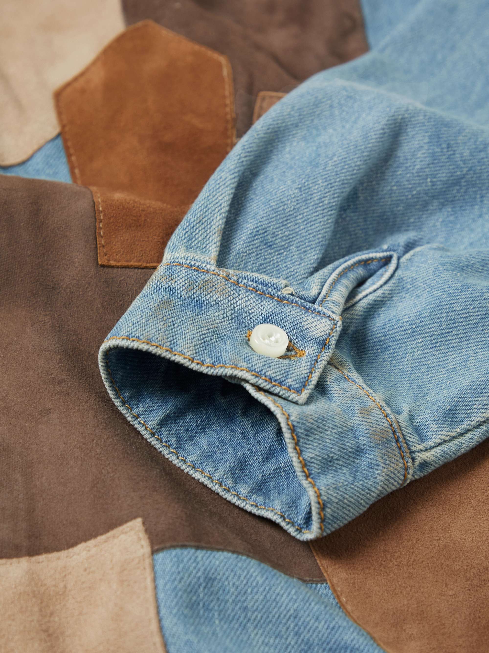 ERL KIDS Distressed Embroidered Suede-Panelled Denim Shirt