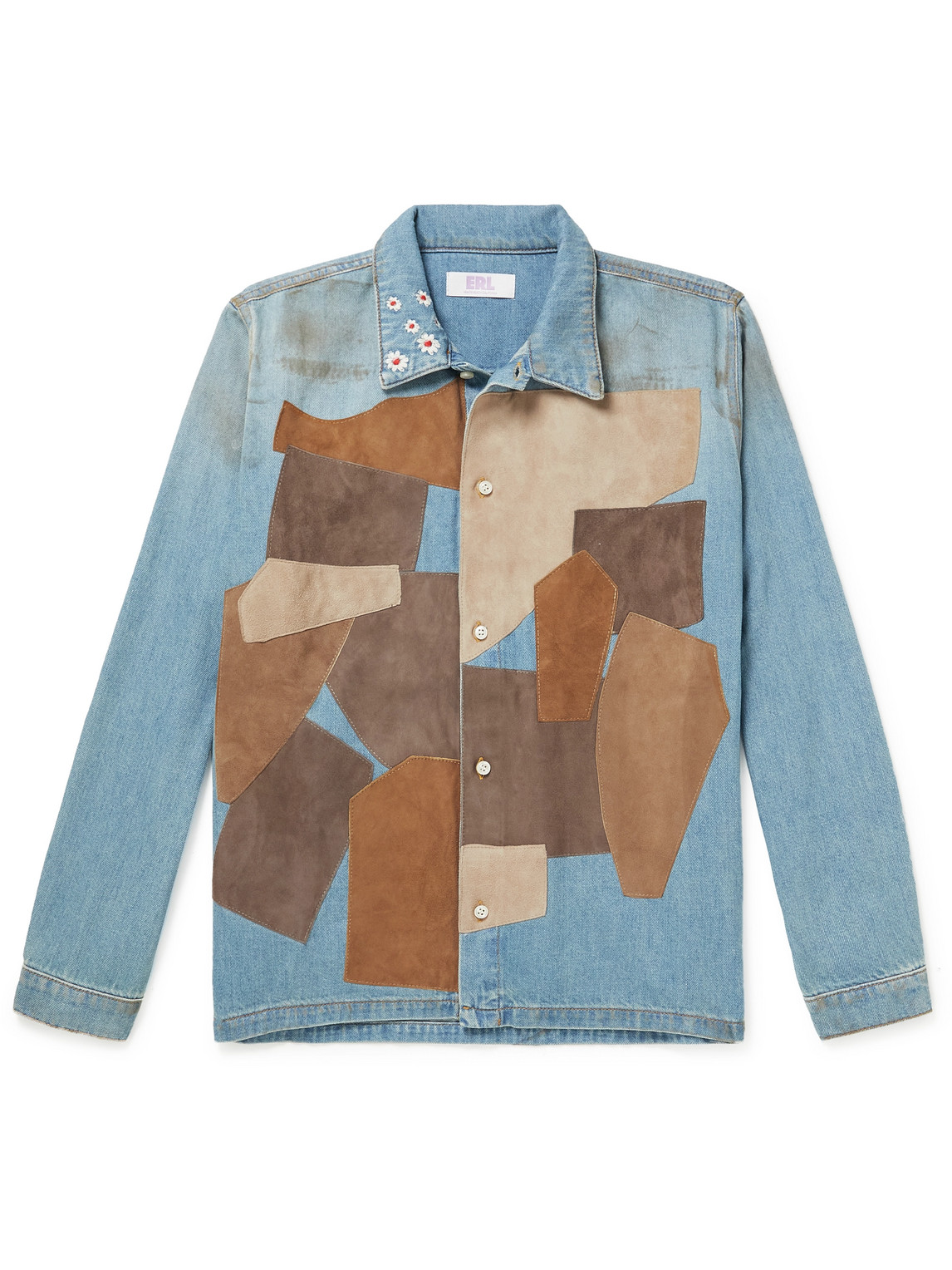 Distressed Embroidered Suede-Panelled Denim Shirt