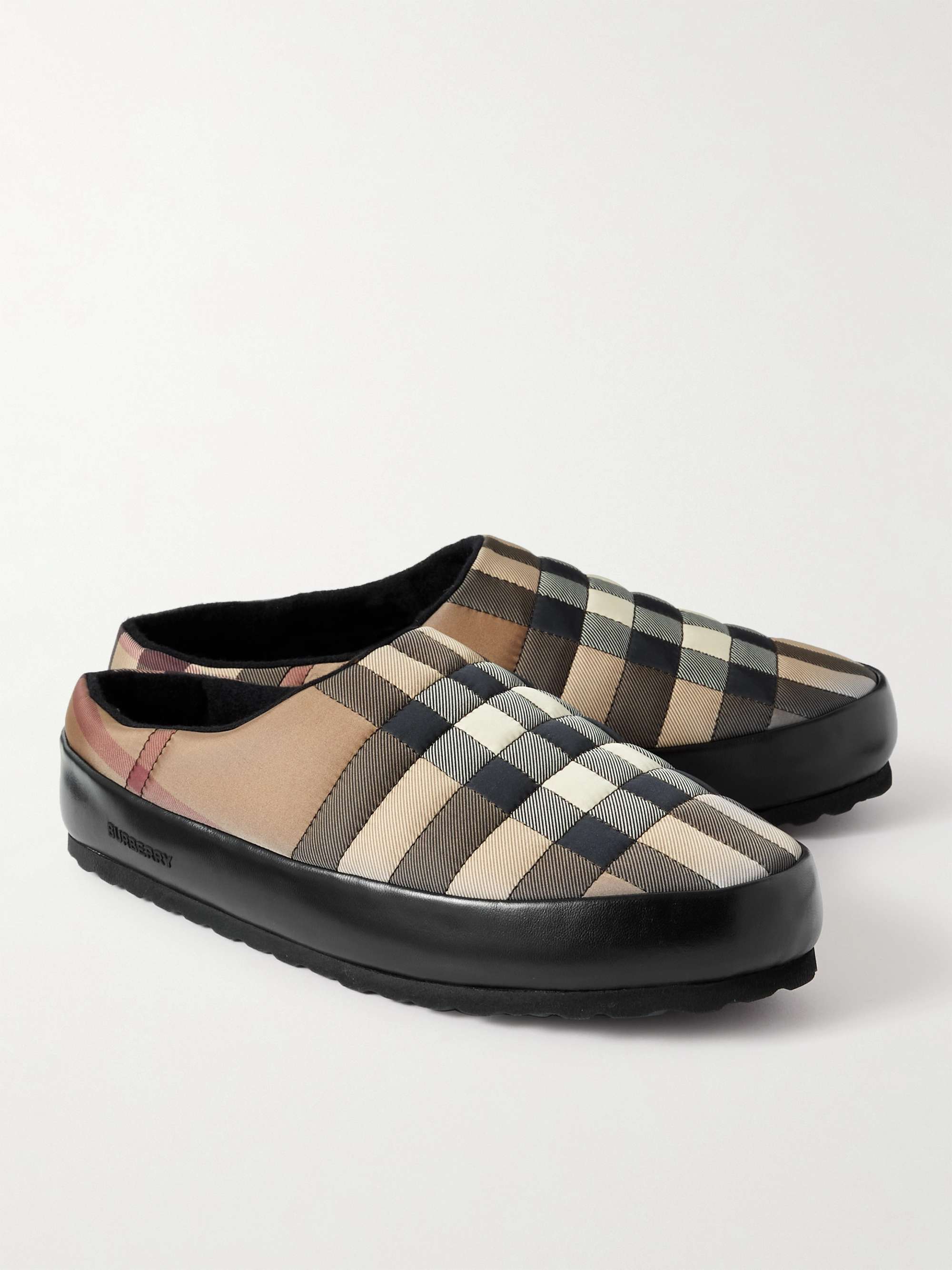 BURBERRY LeatherTrimmed Quilted Checked Shell Backless SlipOn