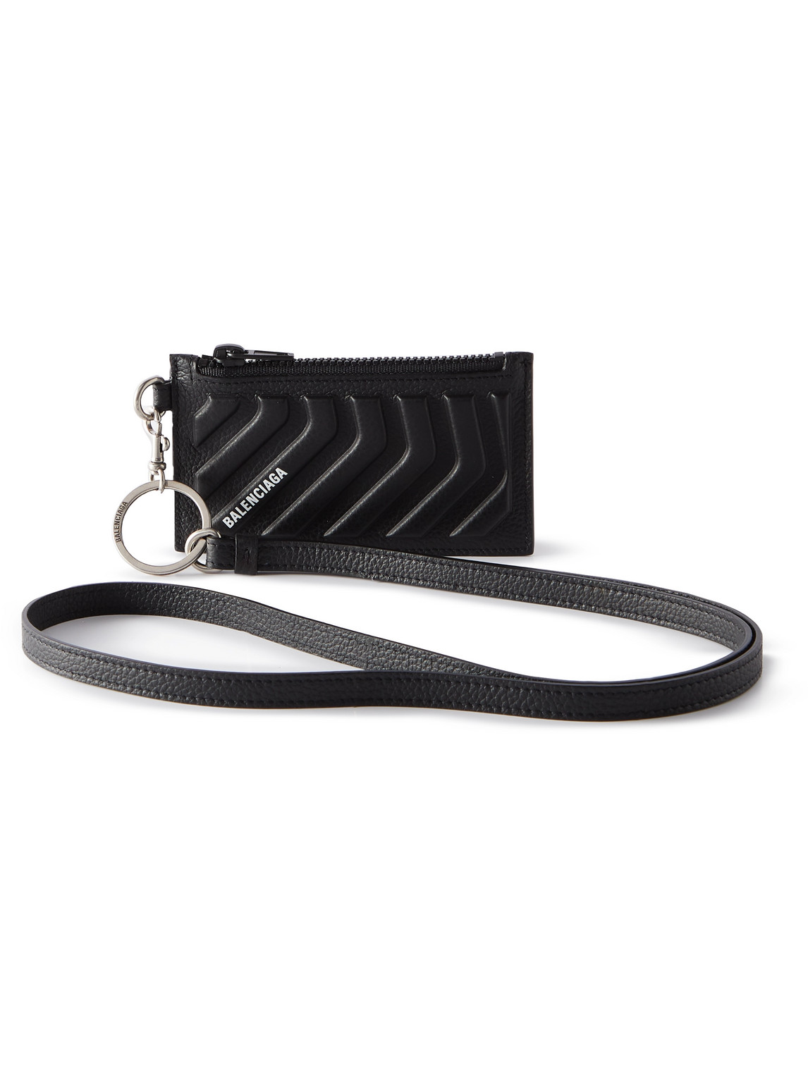 Balenciaga Logo-print Full-grain Leather Zipped Cardholder With Lanyard In Black