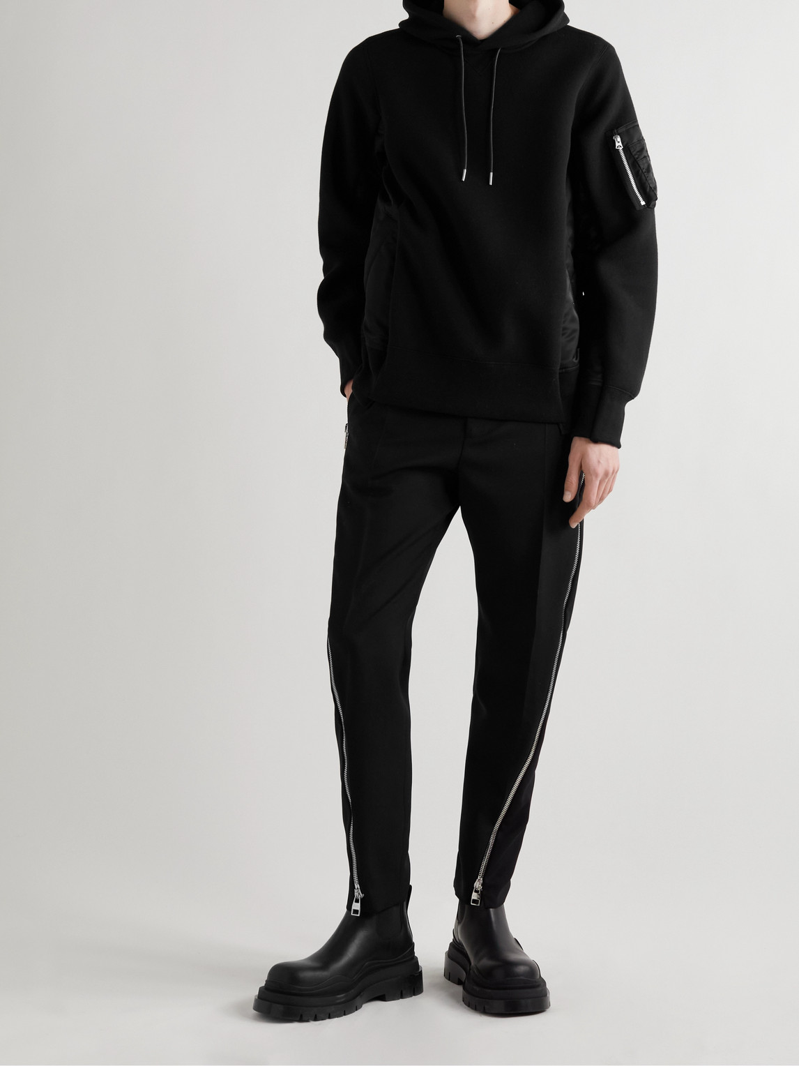 Shop Sacai Ma-1 Nylon-trimmed Cotton-blend Jersey Hoodie In Black