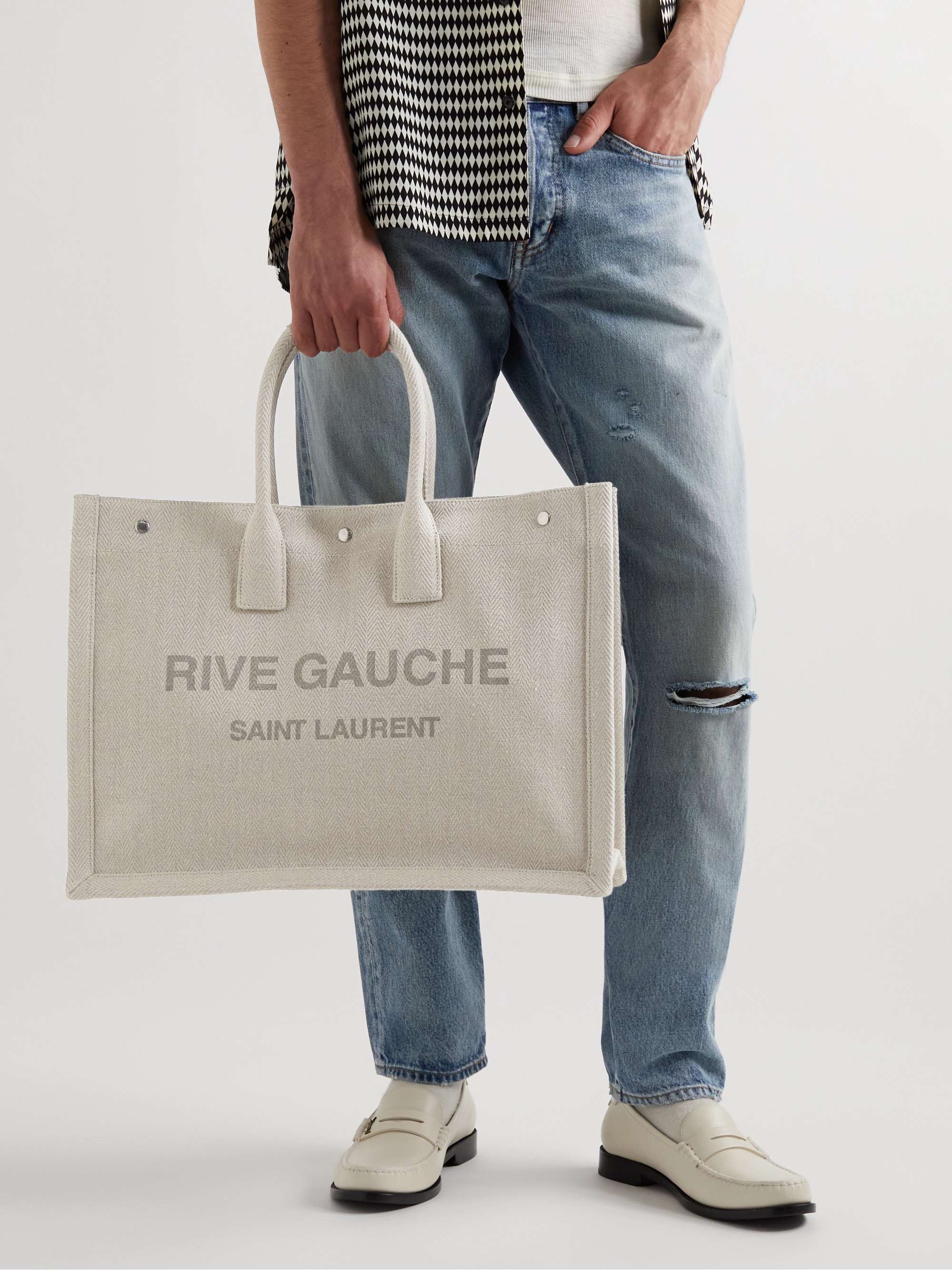 SAINT LAURENT Noe Leather-Trimmed Logo-Print Canvas Tote Bag