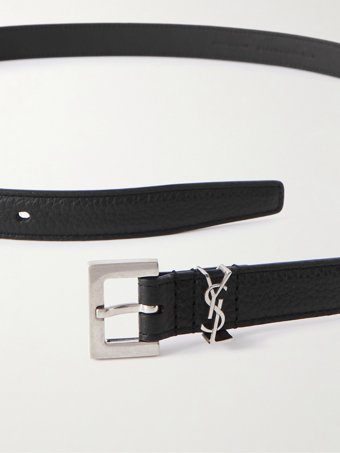 Saint Laurent Squared Buckle Smooth Leather Cassandre Thin Belt In Black