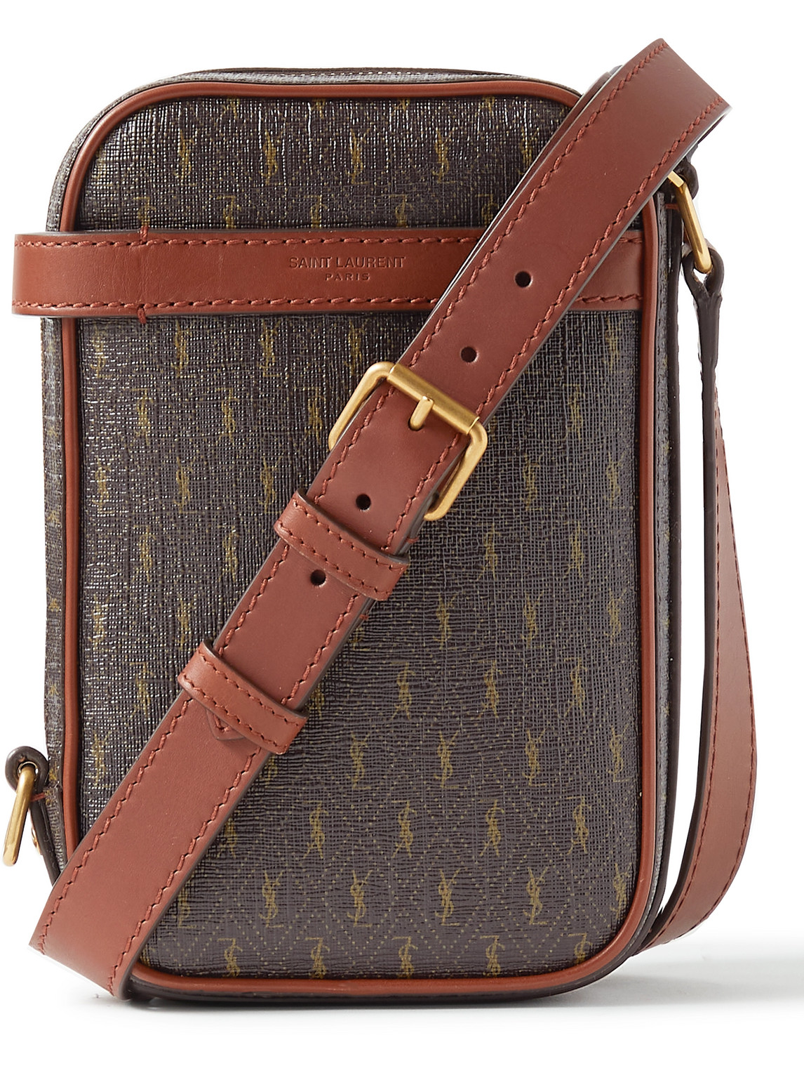 Saint Laurent Leather-trimmed Monogrammed Coated-canvas Messenger Bag In Brown