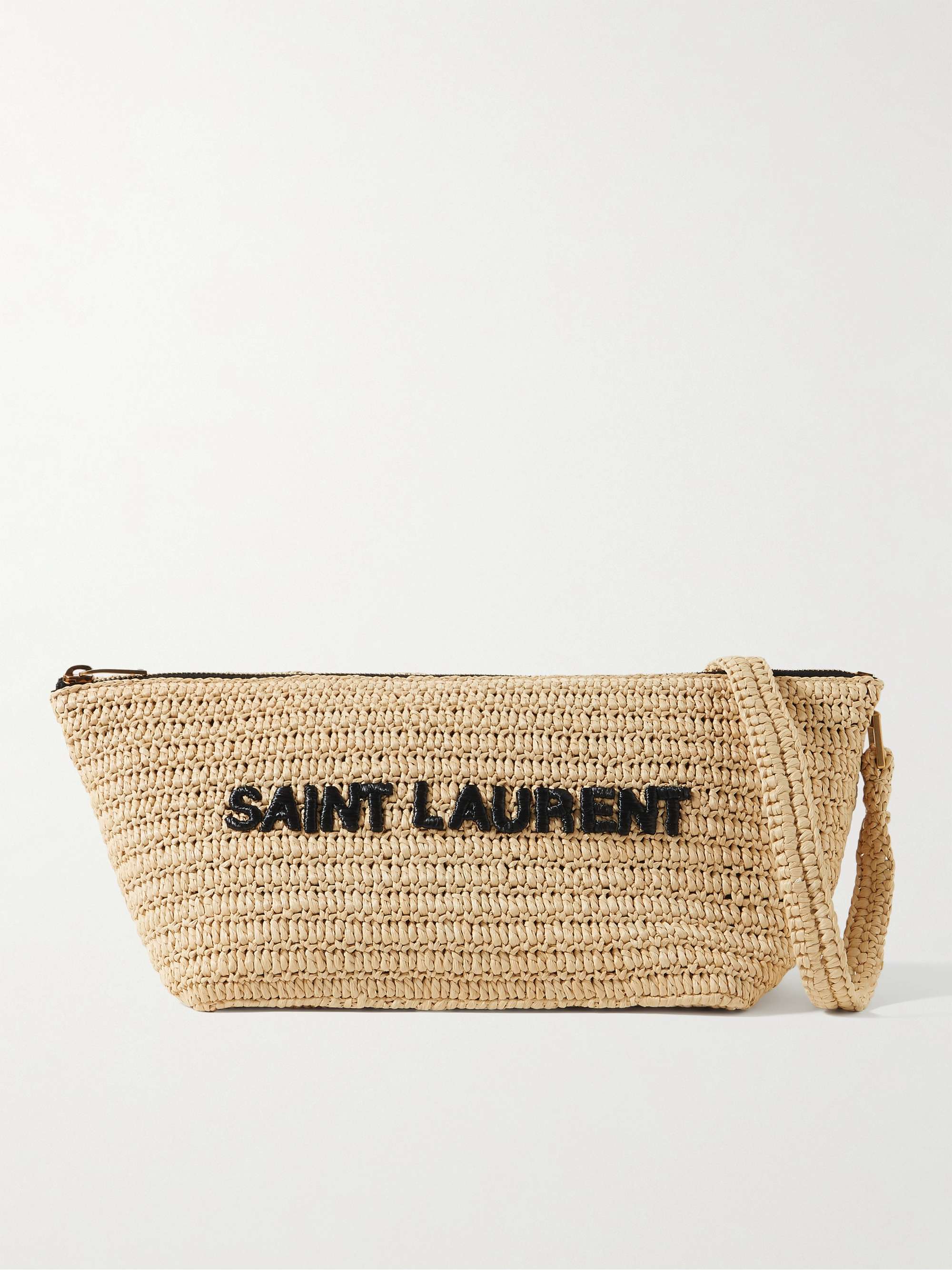 Logo-Embroidered Raffia Messenger Bag