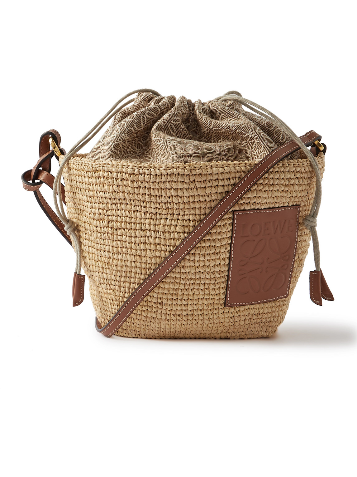 Loewe Pochette Logo-embossed Leather-trimmed Raffia And Canvas Messenger Bag In Brown