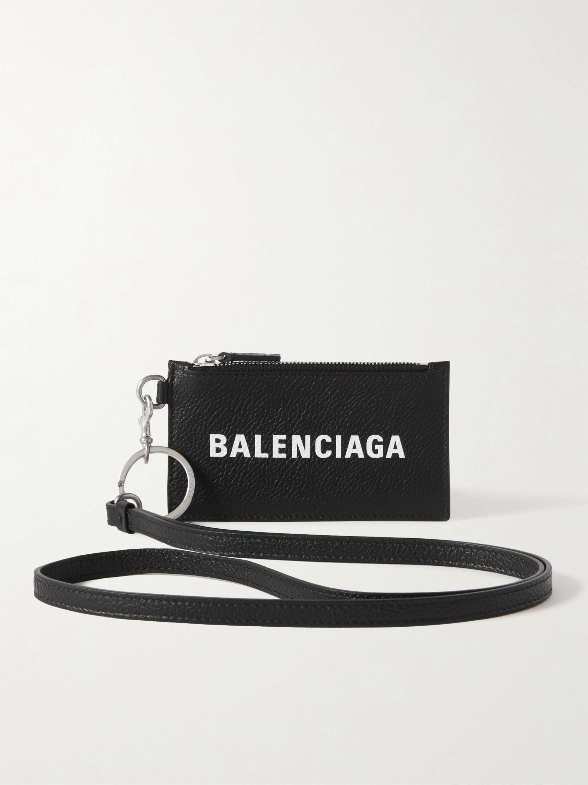 BALENCIAGA Reflective Logo-Print Leather Zipped Cardholder with Lanyard