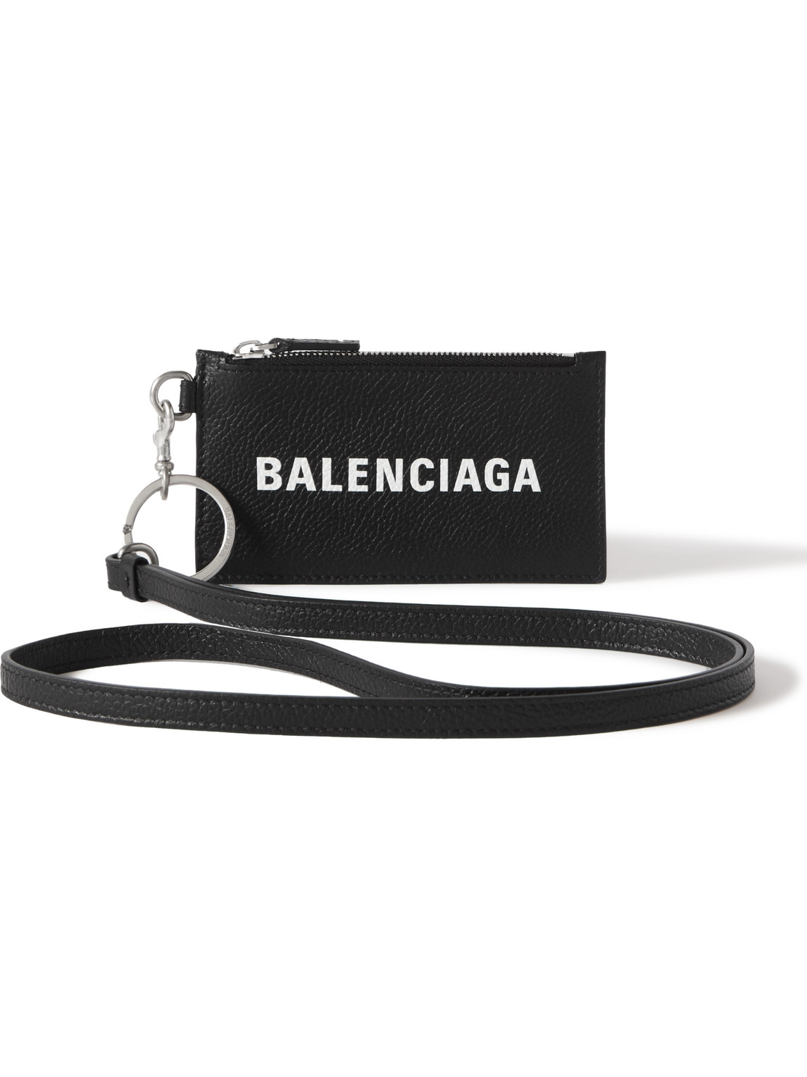 Balenciaga Logo-print Full-grain Leather Cardholder With Lanyard In Black