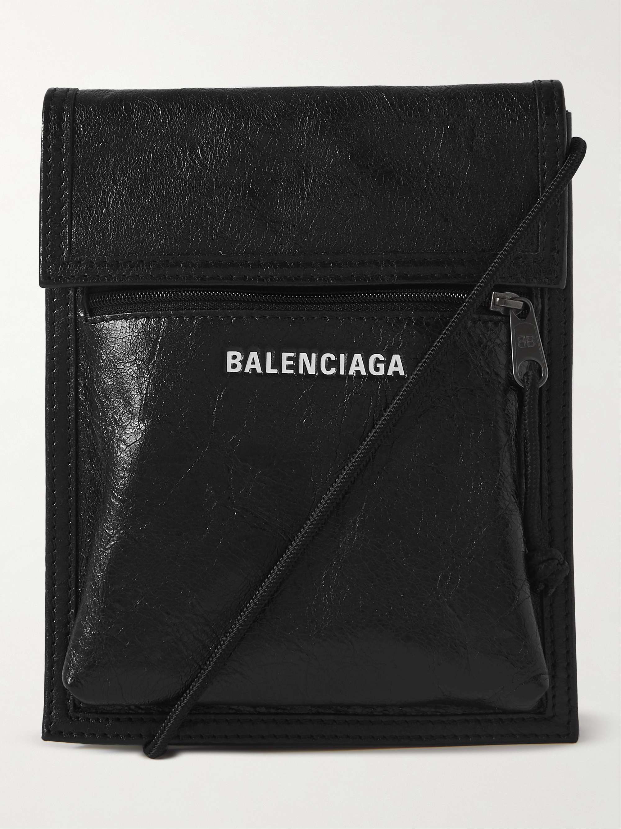 BALENCIAGA Explorer Logo-Print Crinkled-Leather Messenger Bag for Men ...