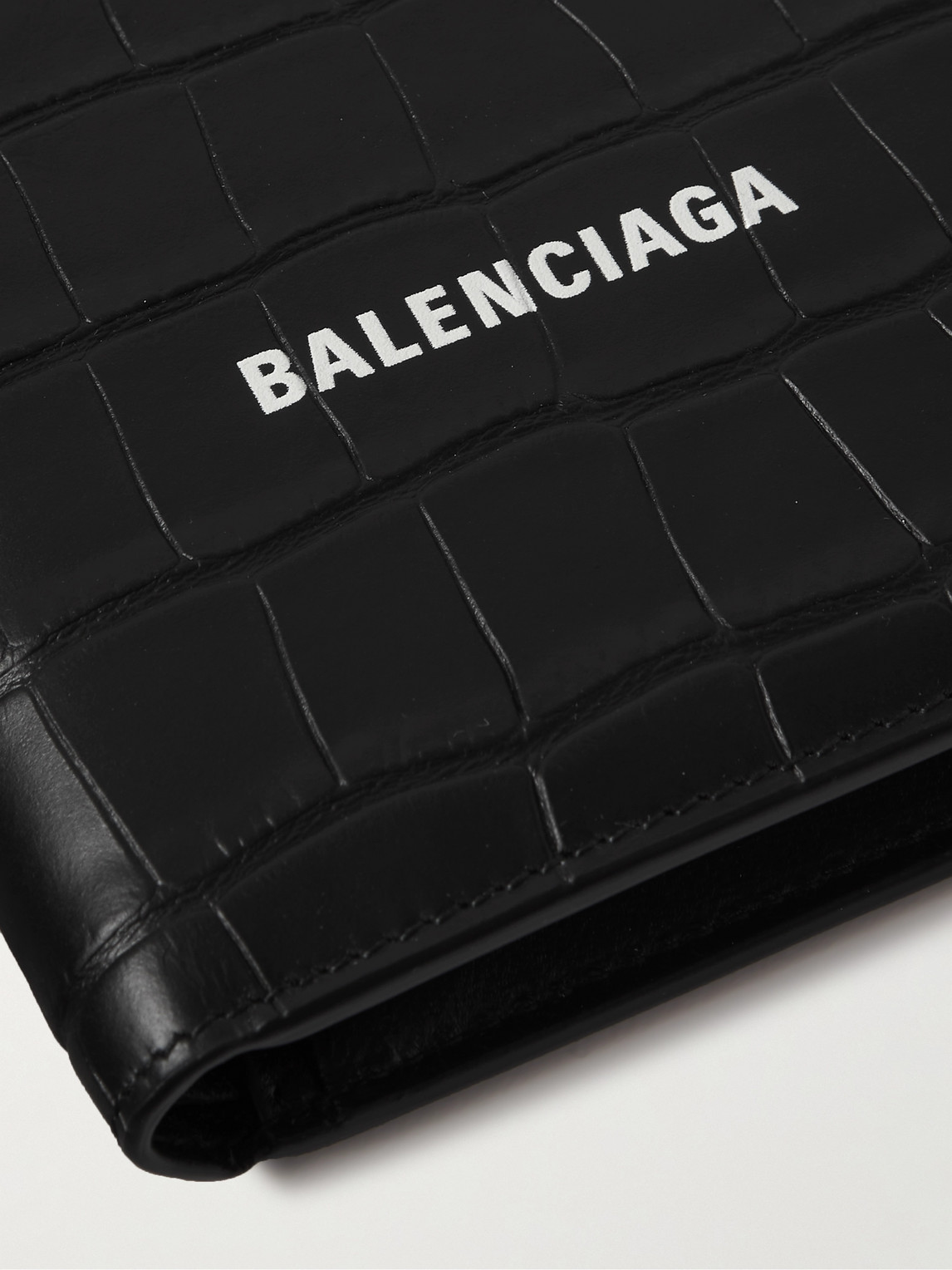  Balenciaga - Logo-print Croc-effect Leather Billfold Wallet - Men - Black 