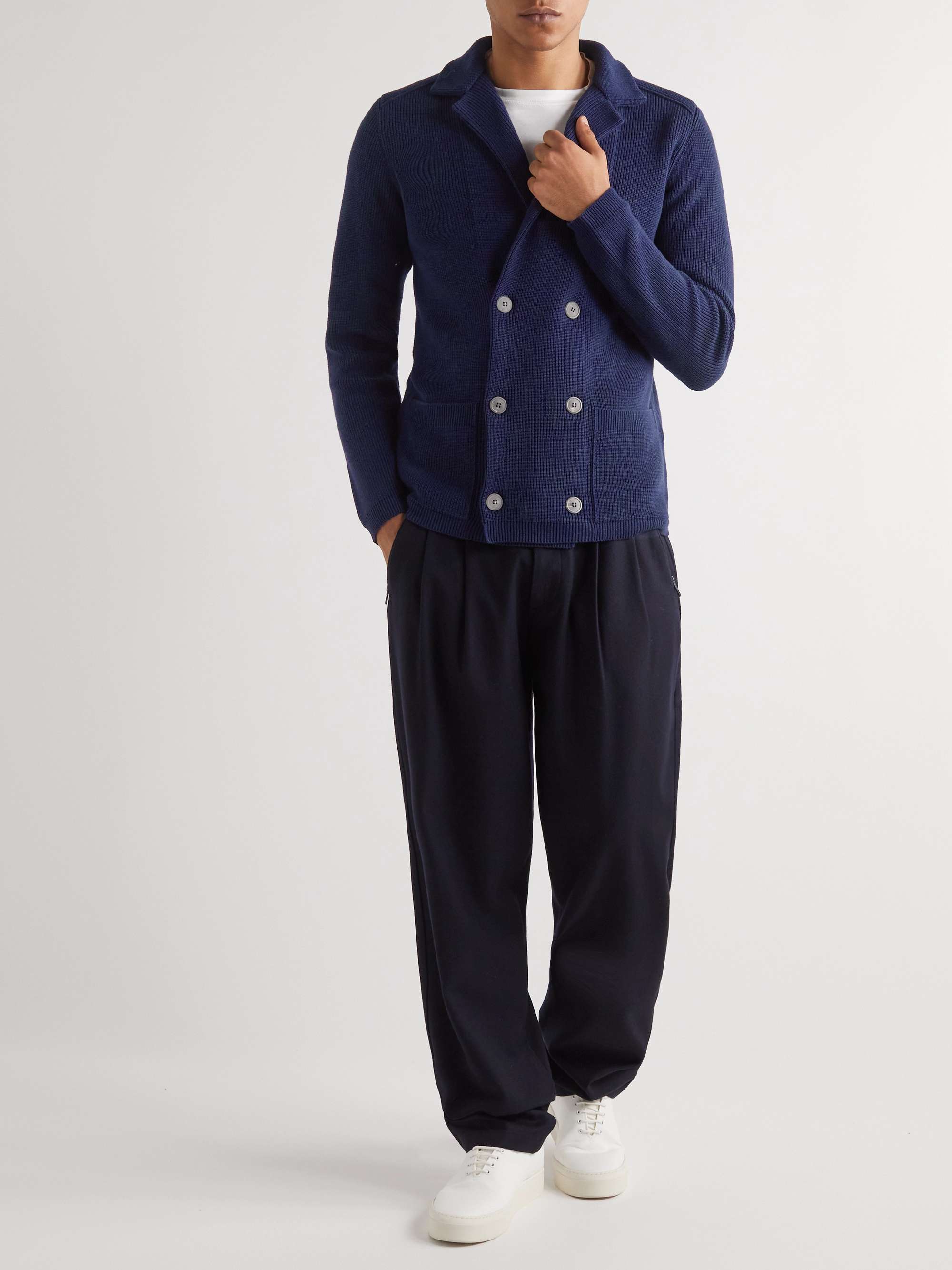 GIORGIO ARMANI Slim-Fit Double-Breasted Ribbed Wool and Cotton-Blend Cardigan