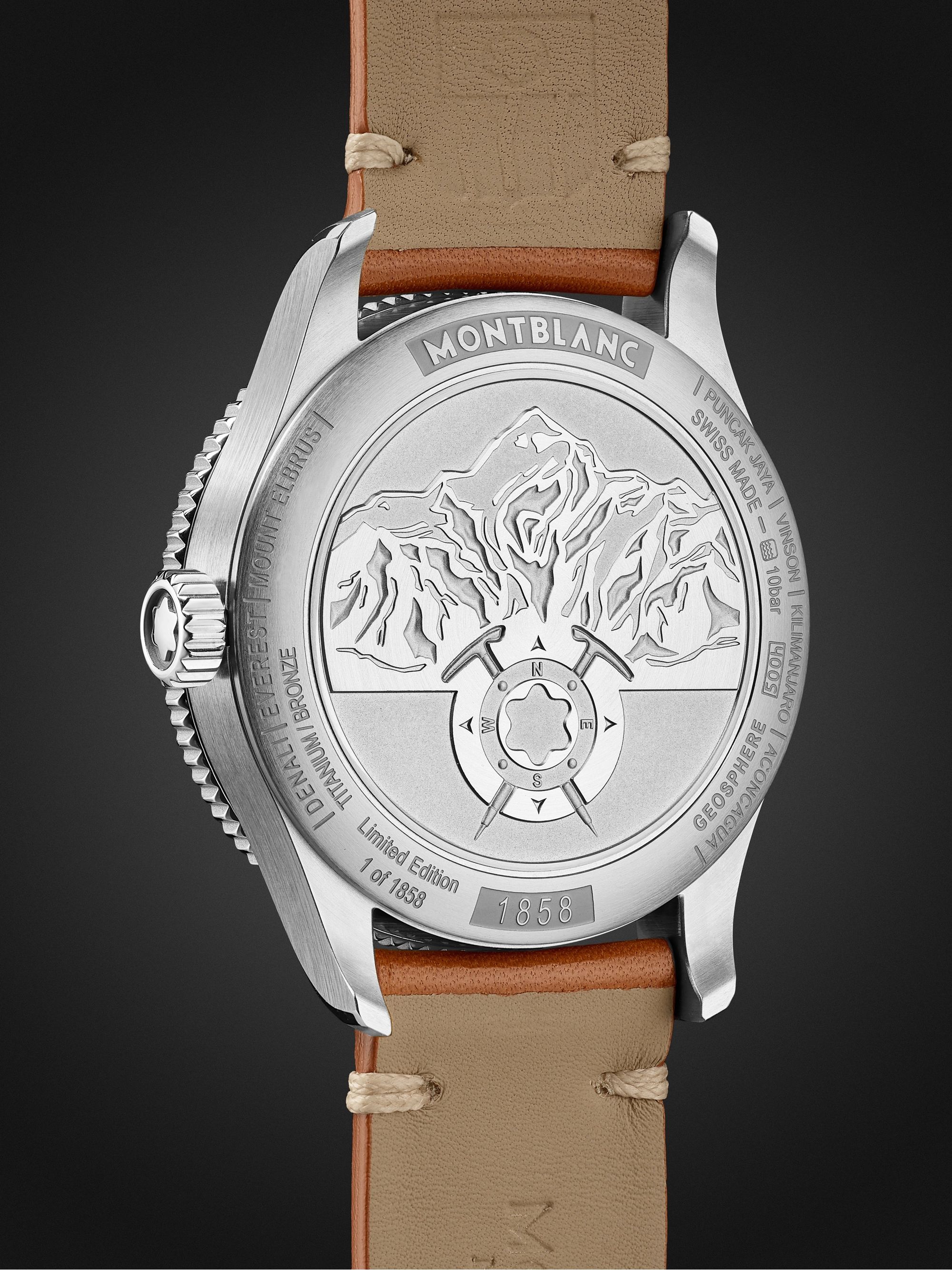 MONTBLANC 1858 Geosphere Automatic GMT 42mm Stainless Steel, Ceramic and Leather Watch, Ref. No. 119286