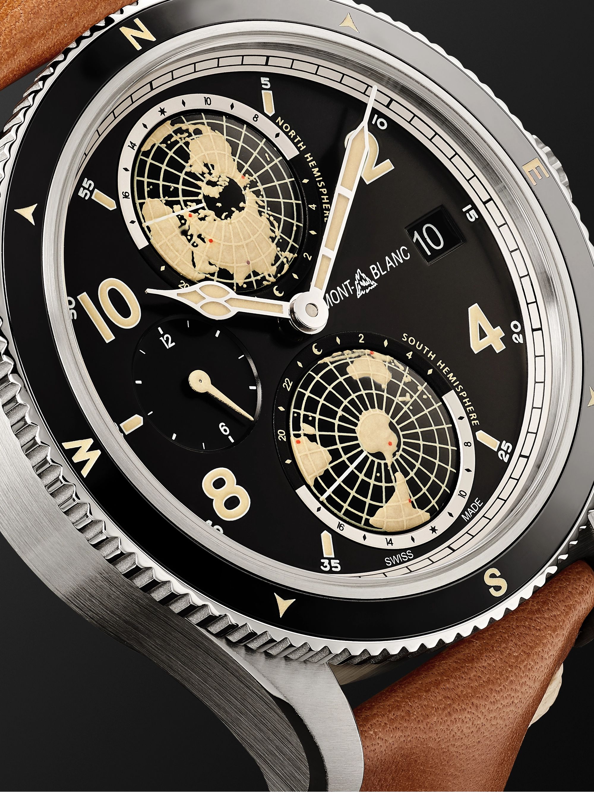 MONTBLANC 1858 Geosphere Automatic GMT 42mm Stainless Steel, Ceramic and Leather Watch, Ref. No. 119286