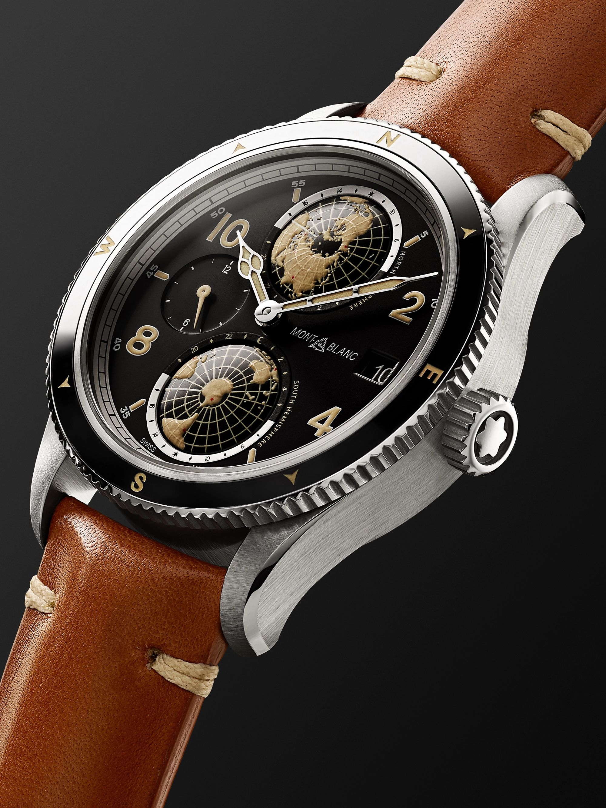 MONTBLANC 1858 Geosphere Automatic GMT 42mm Stainless Steel, Ceramic and Leather Watch, Ref. No. 119286