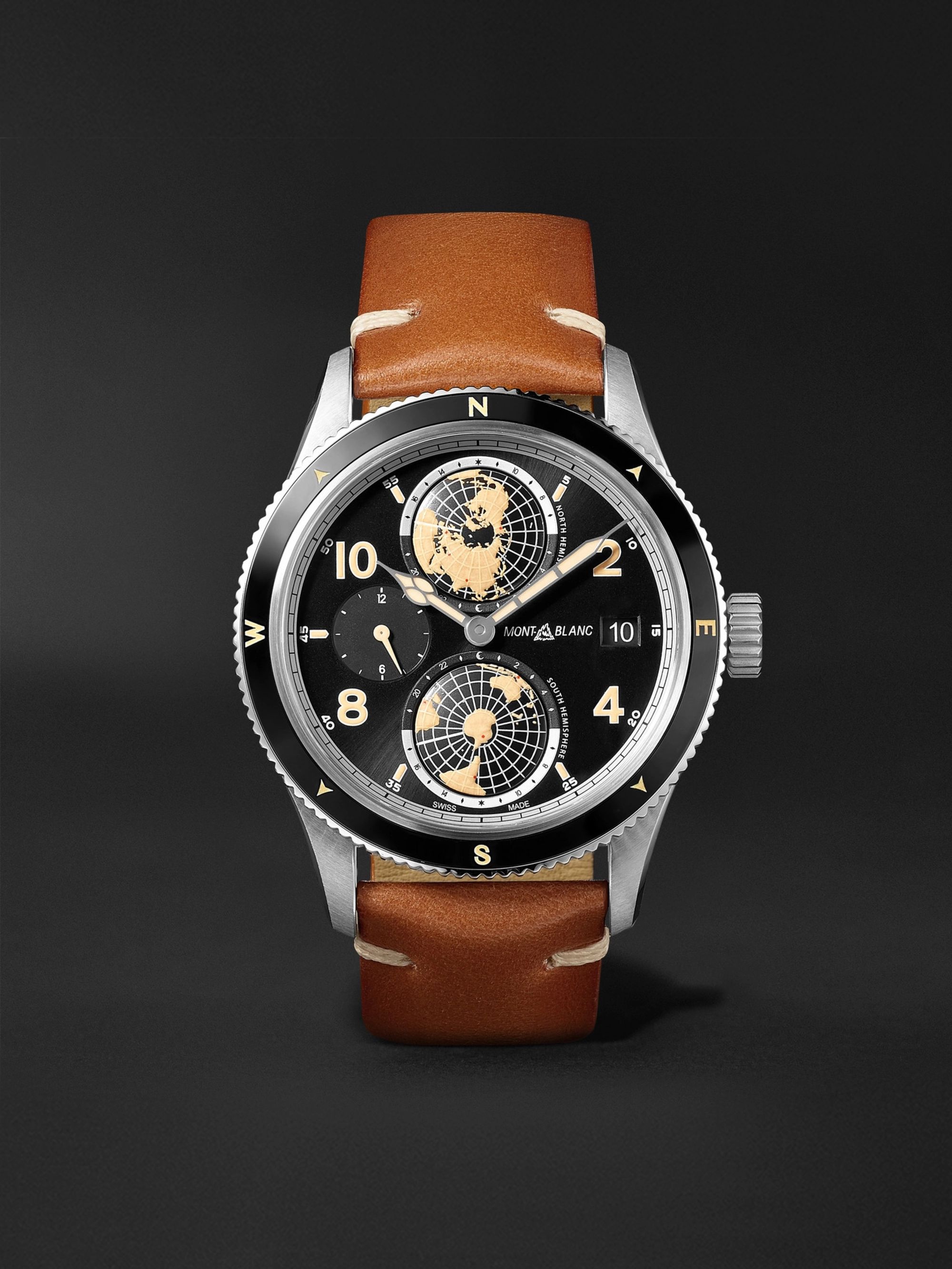 MONTBLANC 1858 Geosphere Automatic GMT 42mm Stainless Steel, Ceramic and Leather Watch, Ref. No. 119286