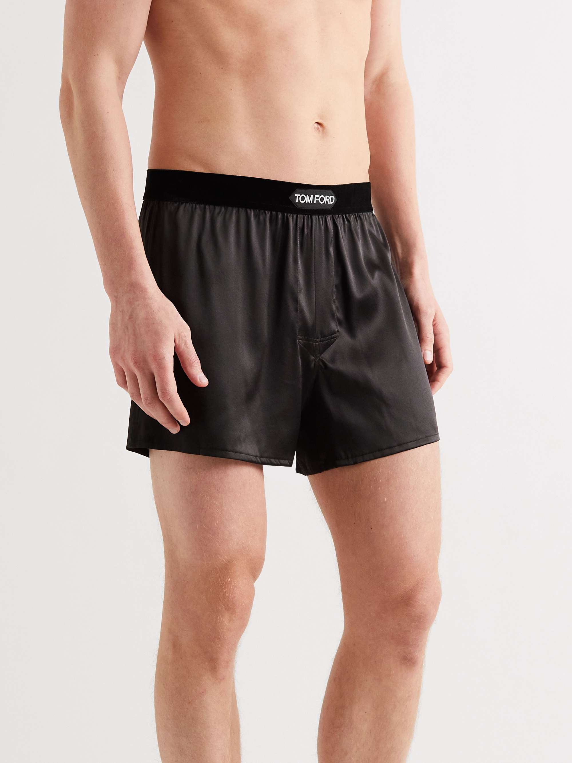 Velvet-Trimmed Stretch-Silk Satin Boxer Shorts