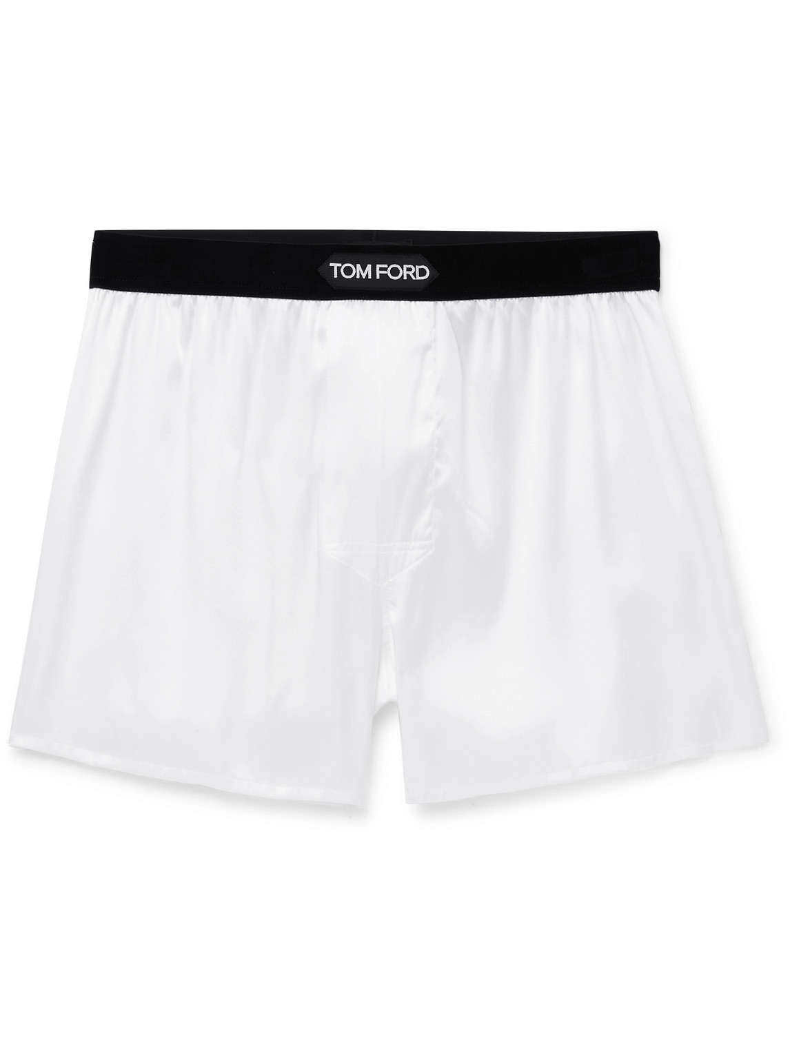 Shop Tom Ford Velvet-trimmed Stretch-silk Satin Boxer Shorts In White
