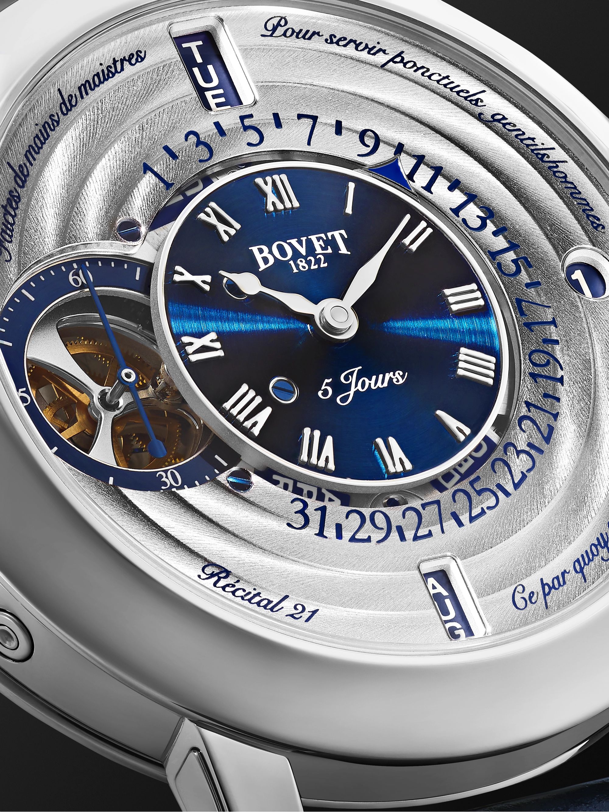 BOVET Récital 21 Limited Edition Hand-Wound Perpetual Calendar 44.4mm Titanium and Croc-Effect Leather Watch, Ref. No. R210002