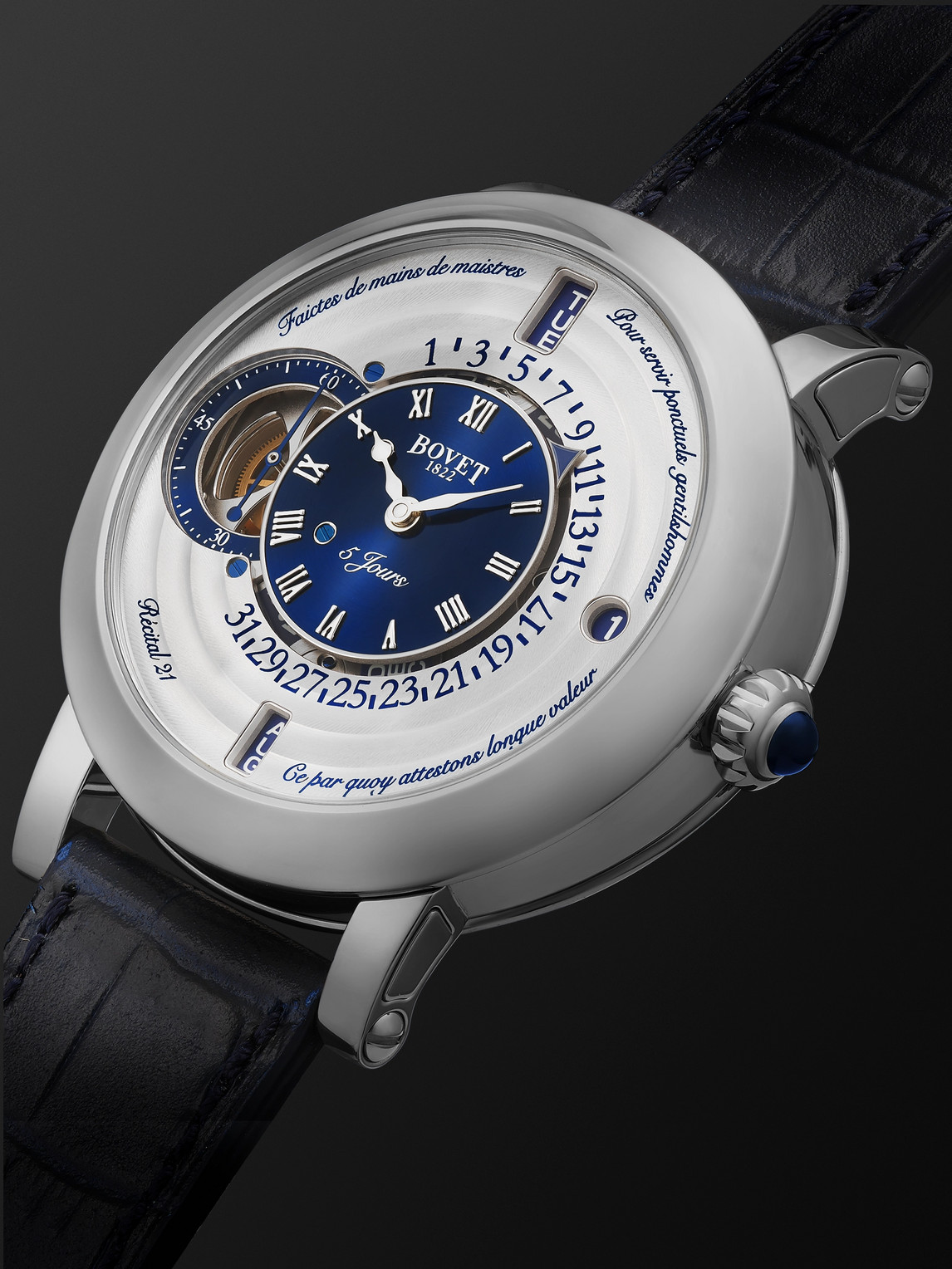  Bovet - Récital 21 Limited Edition Hand-wound Perpetual Calendar 44.4mm Titanium And Croc-effect Leather Watch, Ref. No. R210002 - Men - Blue 