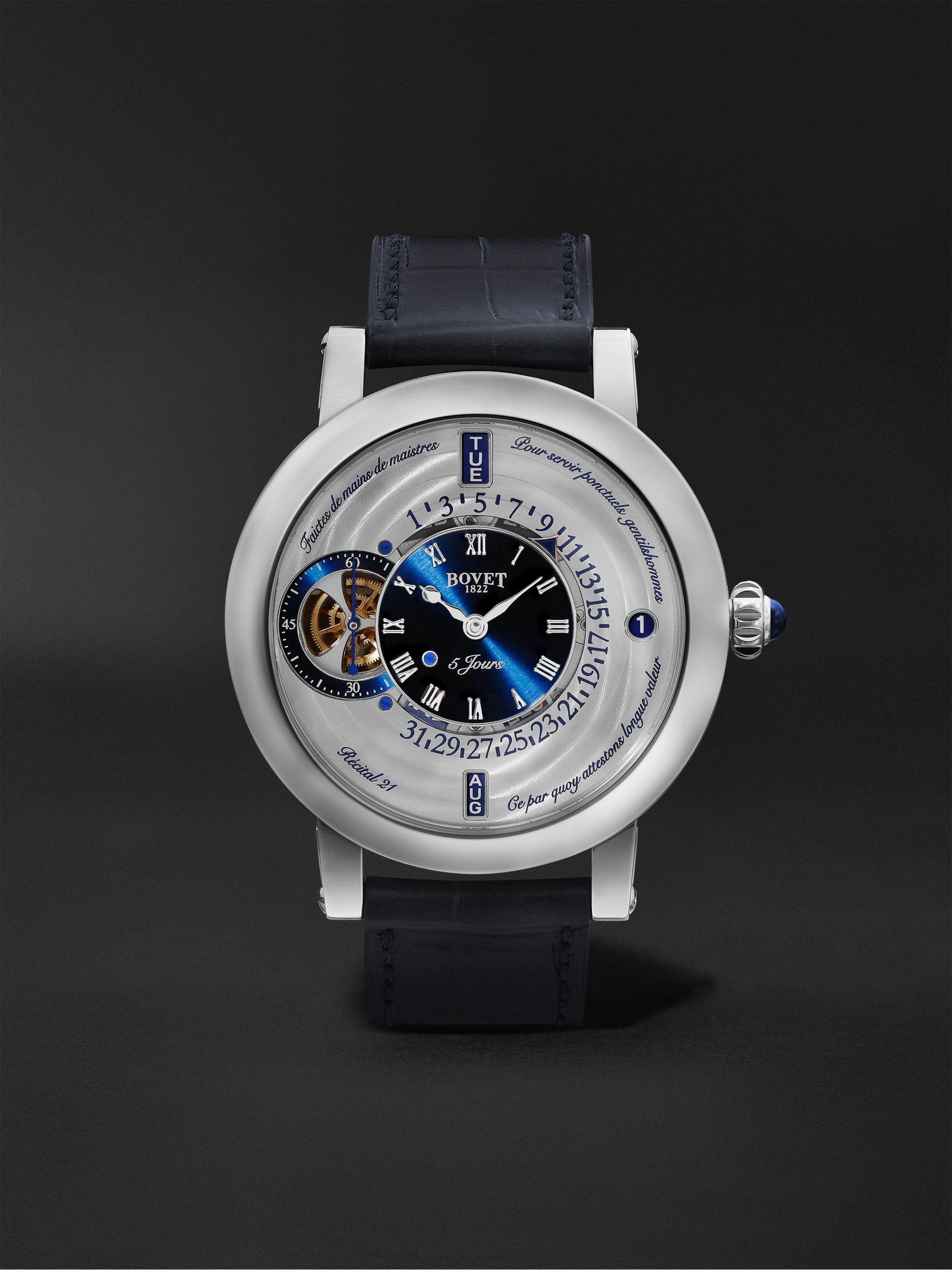 BOVET Récital 21 Limited Edition Hand-Wound Perpetual Calendar 44.4mm Titanium and Croc-Effect Leather Watch, Ref. No. R210002