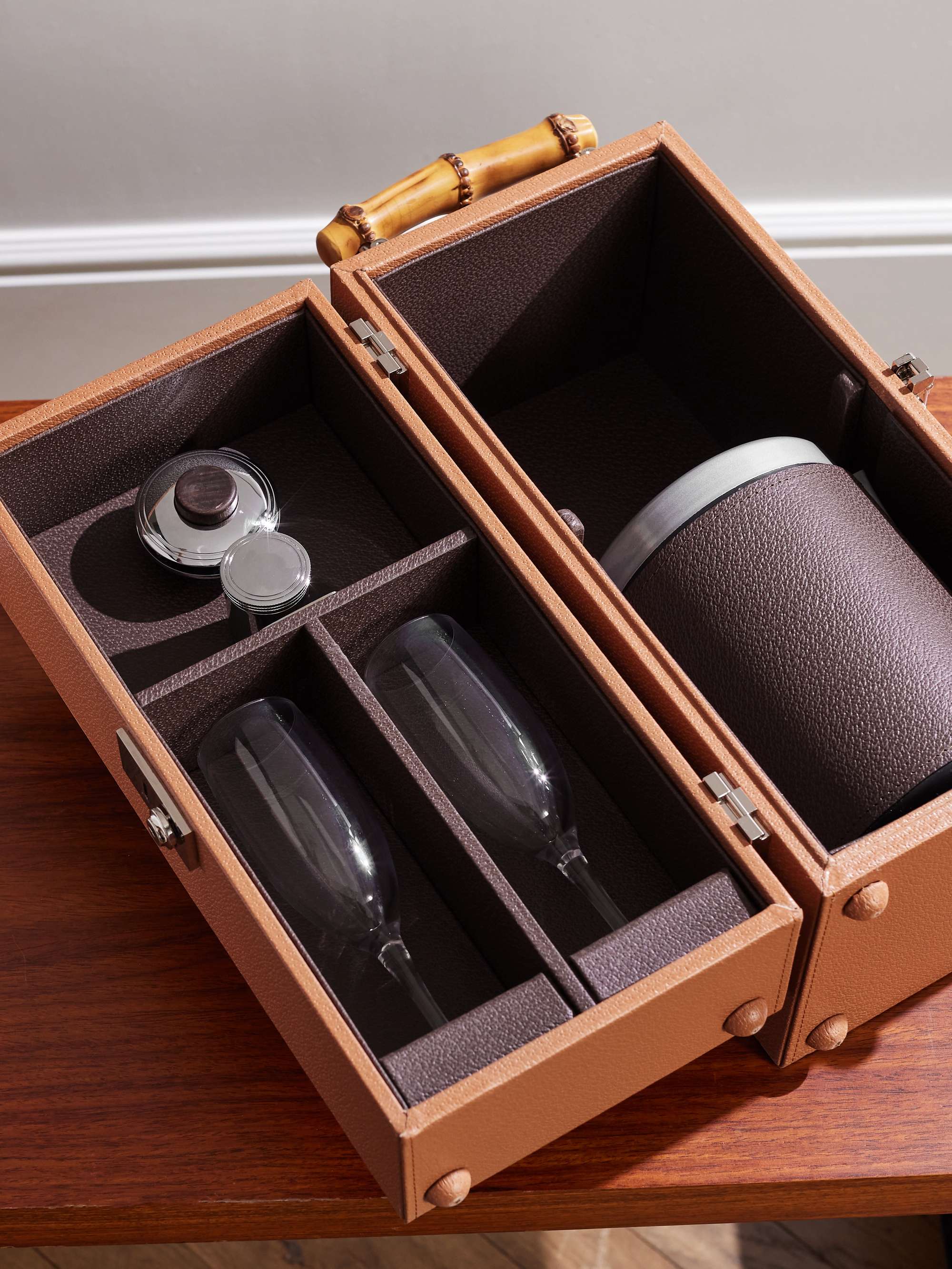 LORENZI MILANO Full-Grain Leather and Bamboo Travel Champagne Cabinet