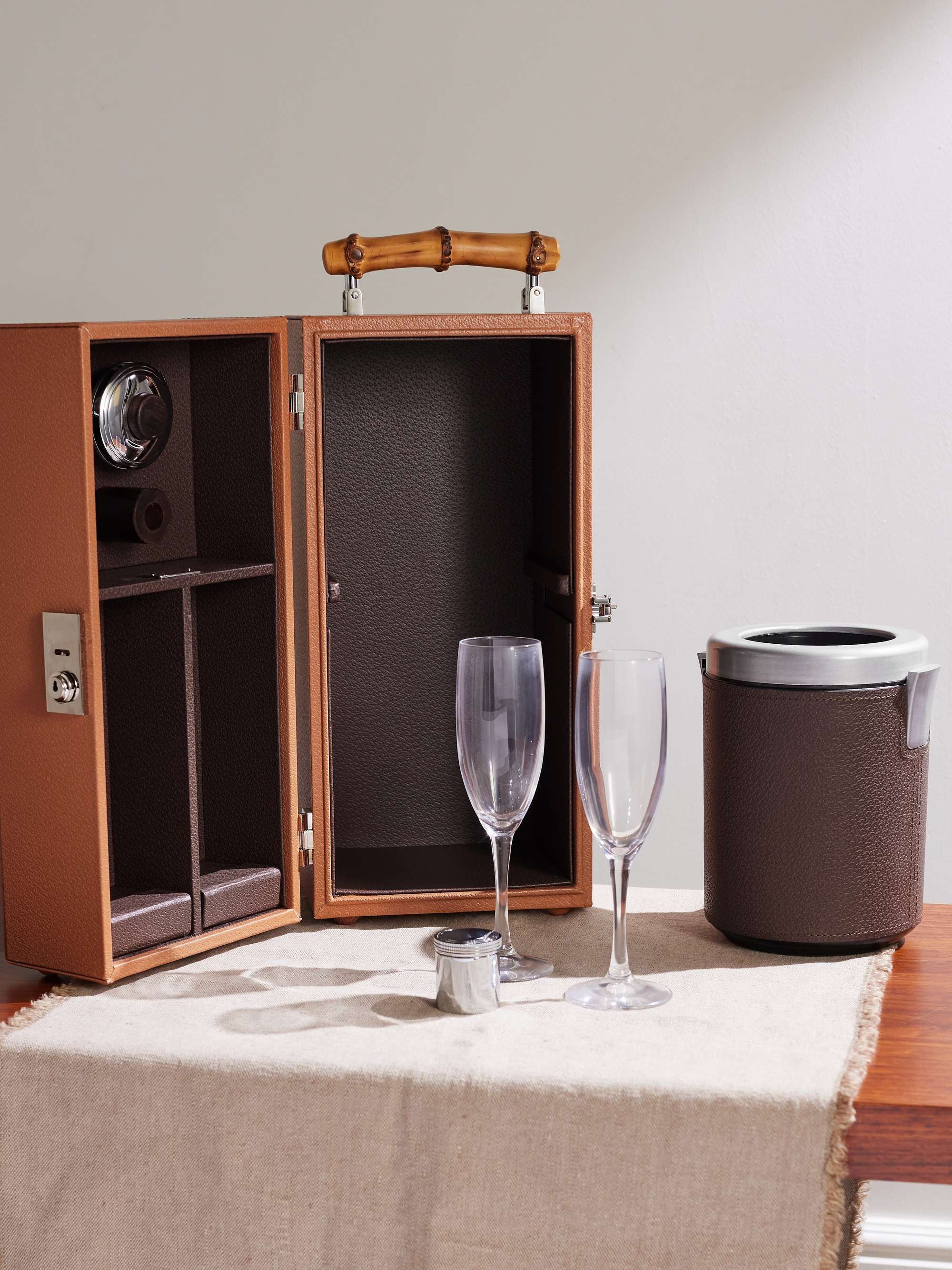 LORENZI MILANO Full-Grain Leather and Bamboo Travel Champagne Cabinet