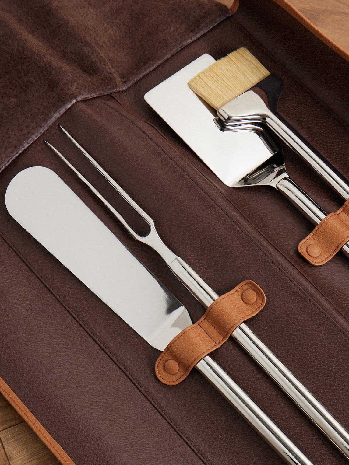  Lorenzi Milano - Bamboo, Leather And Stainless Steel Travel Bbq Set - Men - Brown 