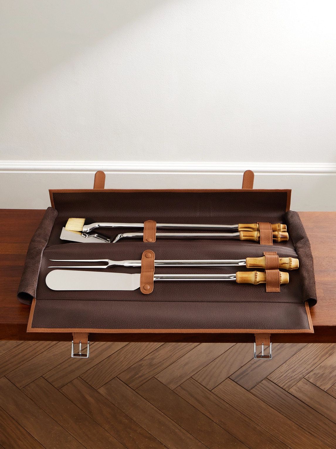 Lorenzi Milano Bamboo, Leather and Stainless Steel Travel BBQ Set - Men