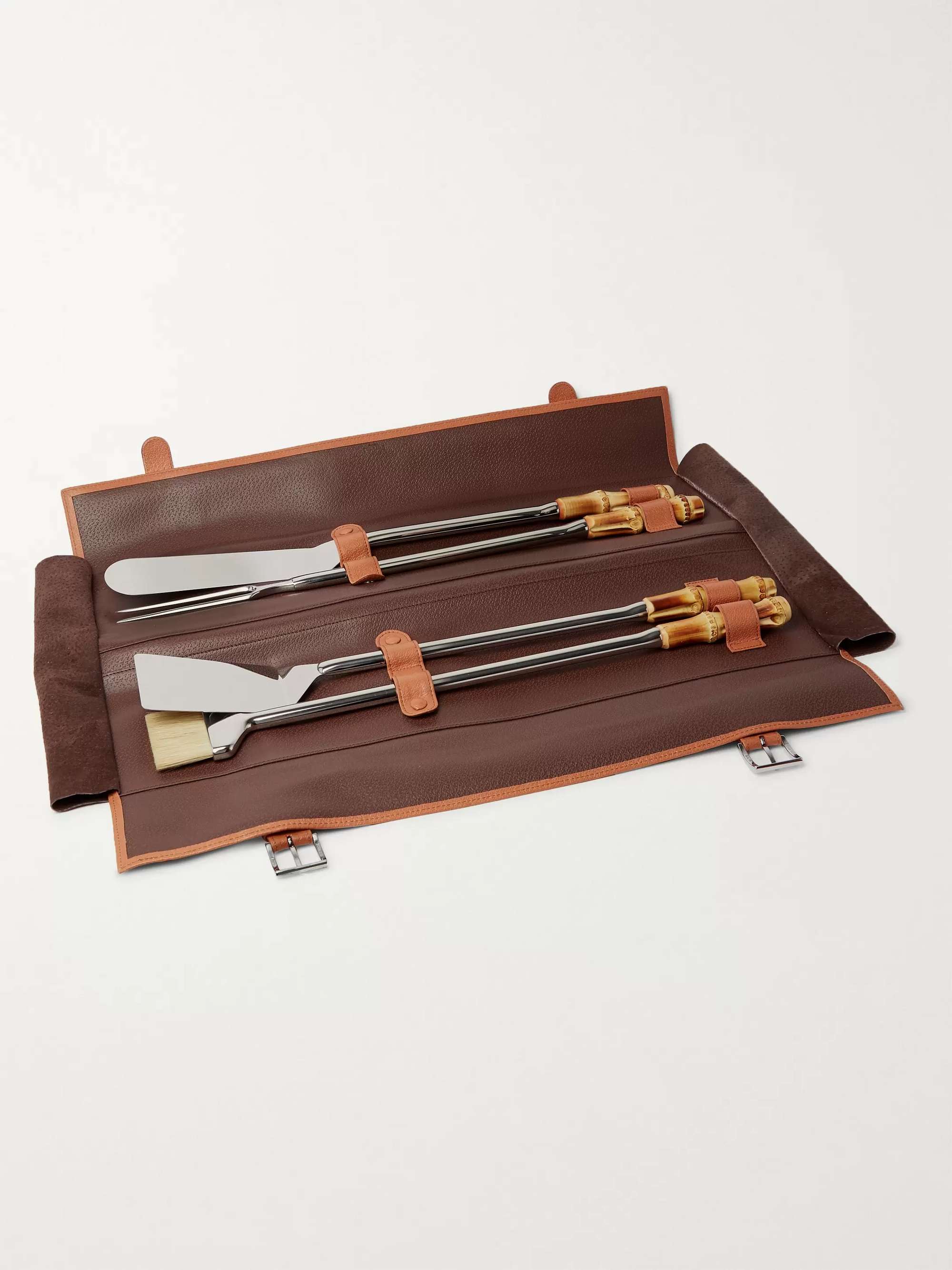 LORENZI MILANO Bamboo, Leather and Stainless Steel Travel BBQ Set