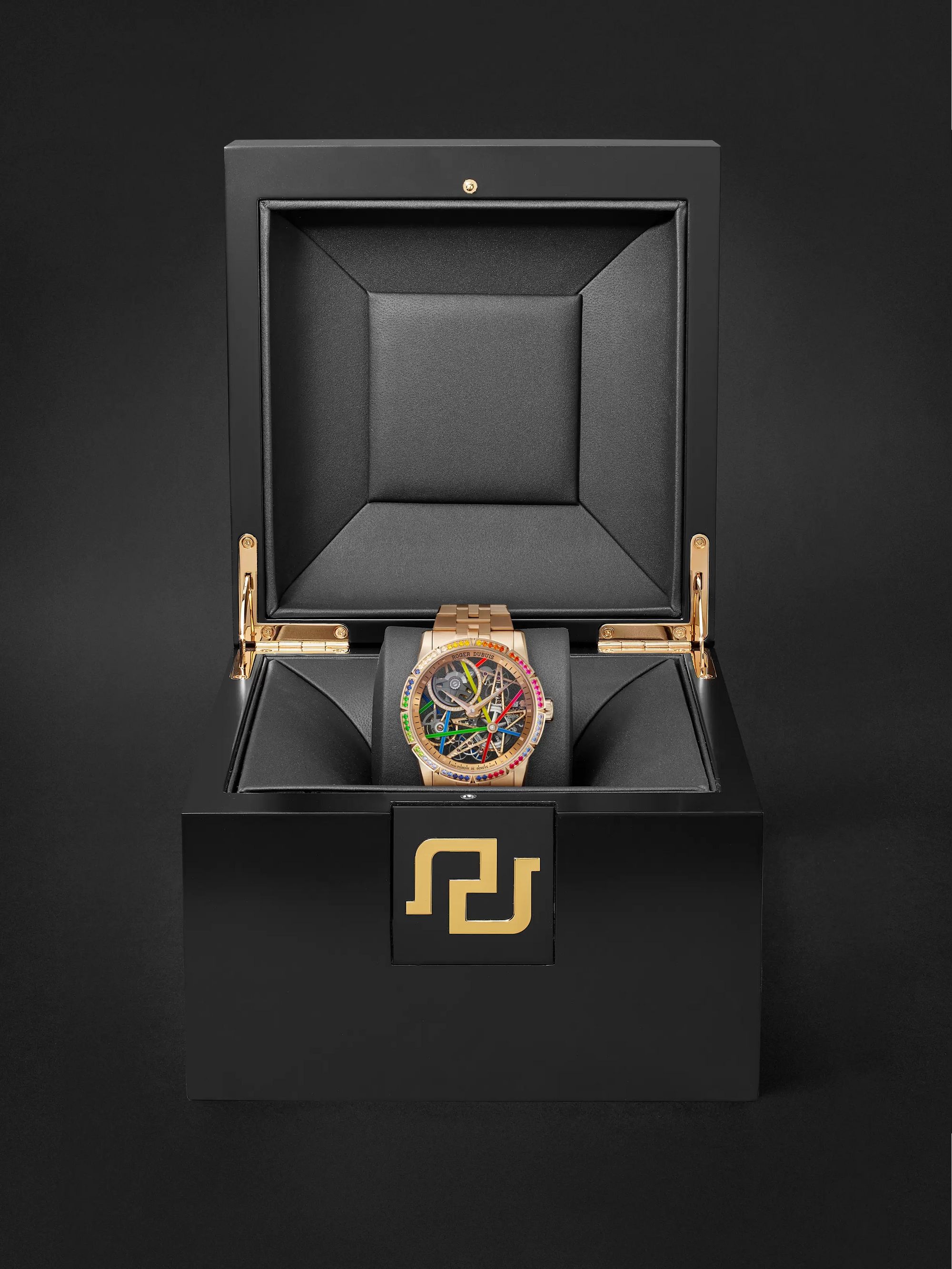 ROGER DUBUIS Excalibur Blacklight Limited Edition Automatic Skeleton 42mm 18-Karat Pink Gold and Multi-Stone Watch, Ref. No. RDDBEX0861