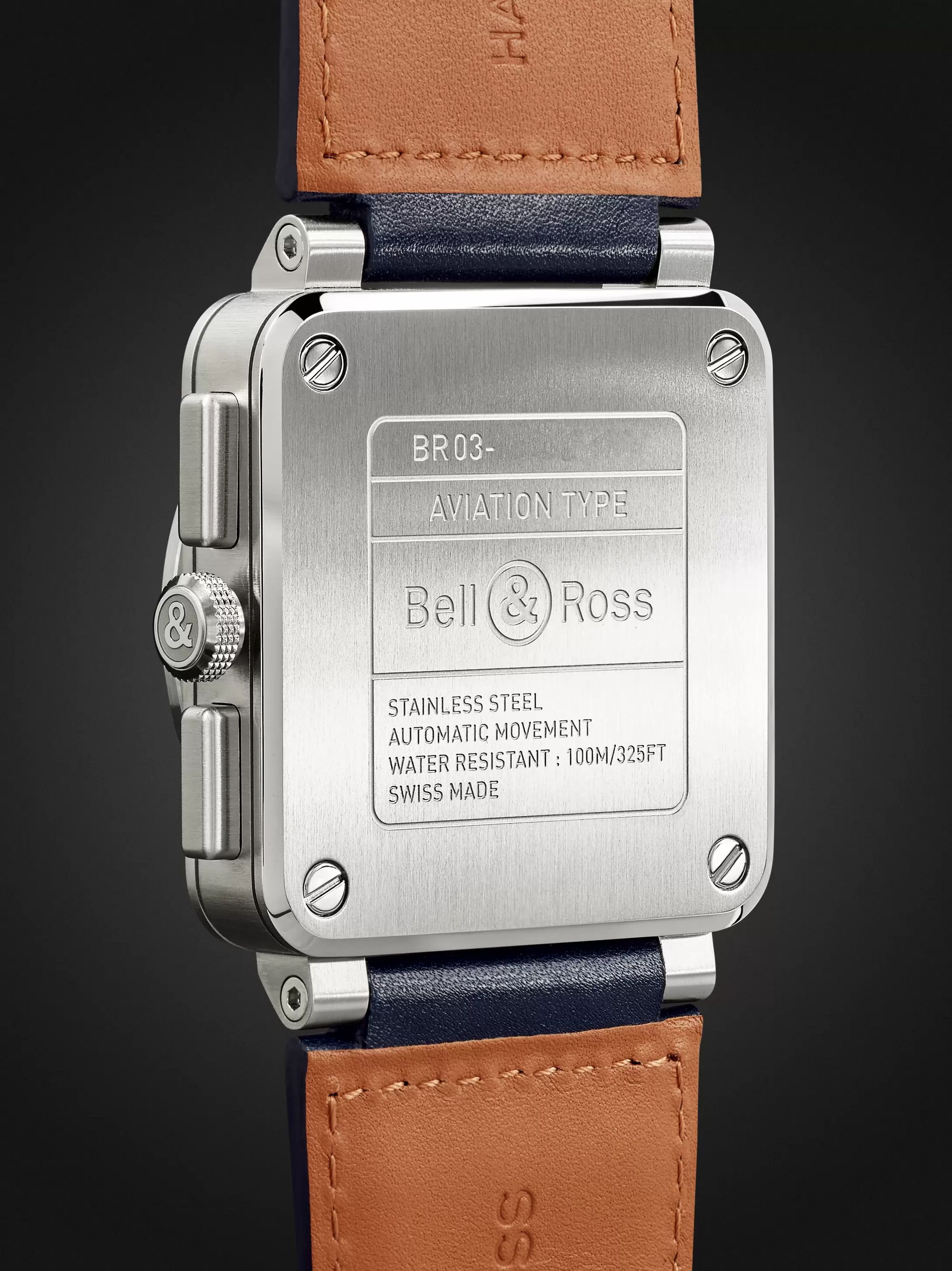BELL & ROSS BR 03-94 Blue Steel Automatic Chronograph 42mm Steel and Leather Watch, Ref. No. BR0394‐BLU-­ST/SCA
