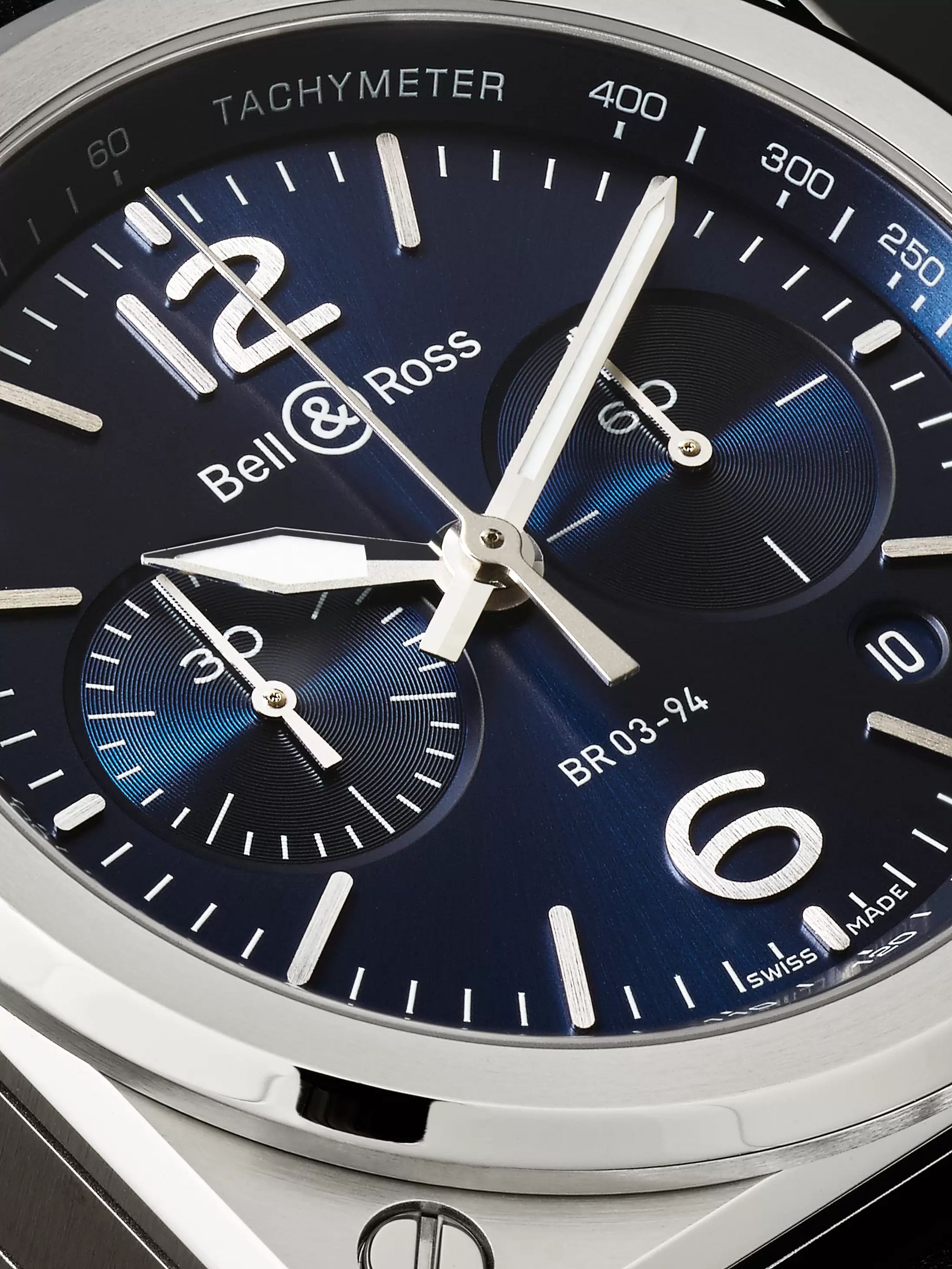 BELL & ROSS BR 03-94 Blue Steel Automatic Chronograph 42mm Steel and Leather Watch, Ref. No. BR0394‐BLU-­ST/SCA