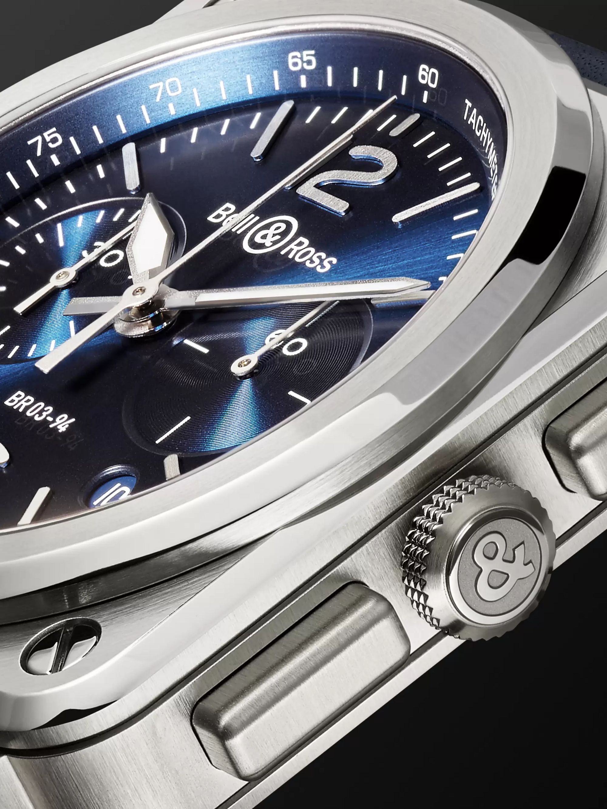 BELL & ROSS BR 03-94 Blue Steel Automatic Chronograph 42mm Steel and Leather Watch, Ref. No. BR0394‐BLU-­ST/SCA