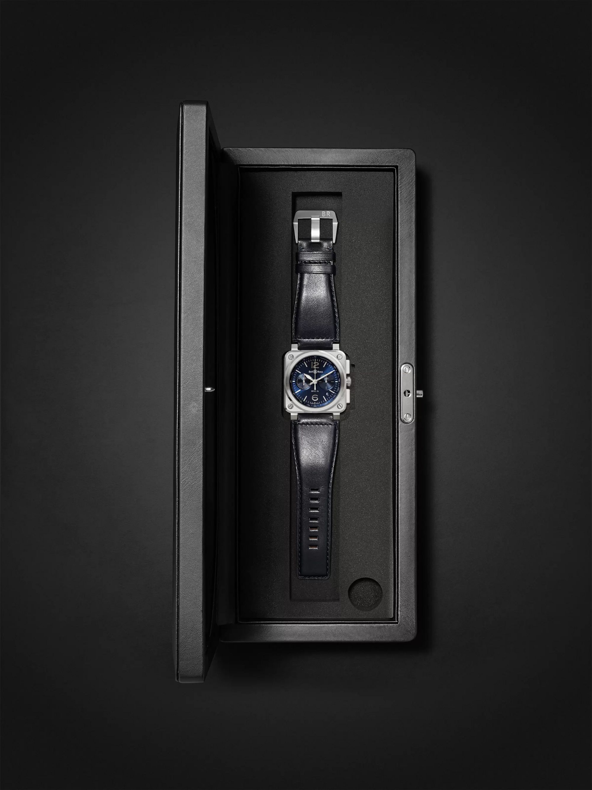 BELL & ROSS BR 03-94 Blue Steel Automatic Chronograph 42mm Steel and Leather Watch, Ref. No. BR0394‐BLU-­ST/SCA
