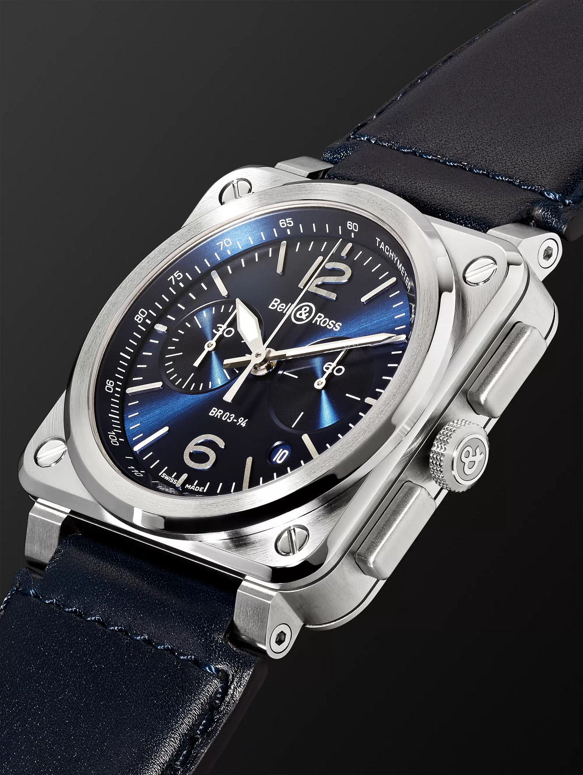  Bell & Ross - Br 03-94 Blue Steel Automatic Chronograph 42mm Steel And Leather Watch, Ref. No. Br0394‐blu-­st/sca - Men - Blue 