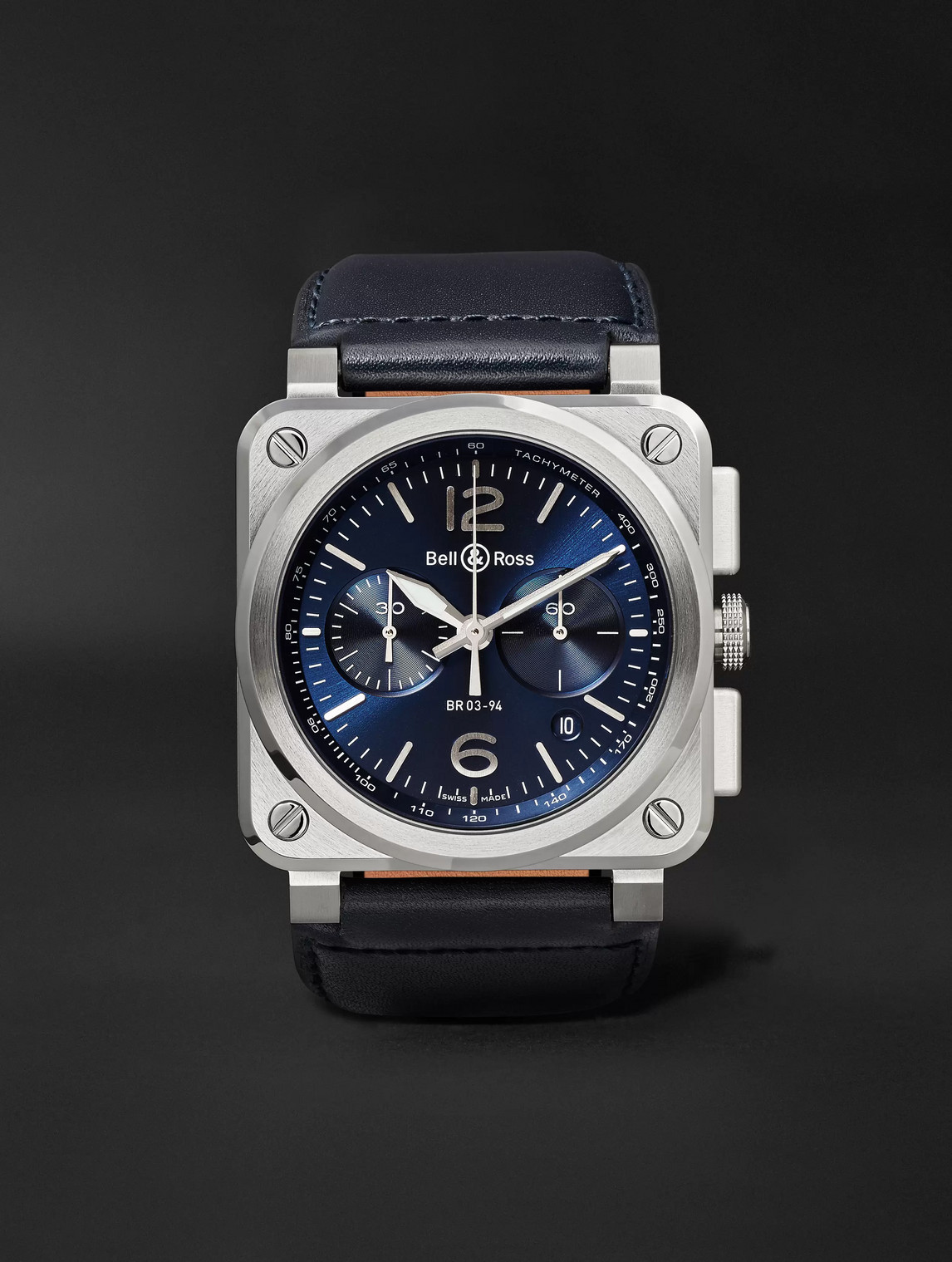 Bell & Ross – BR 03-94 Blue Steel Automatic Chronograph 42mm Steel and Leather Watch, Ref. No. BR0394‐BLU-­ST/SCA